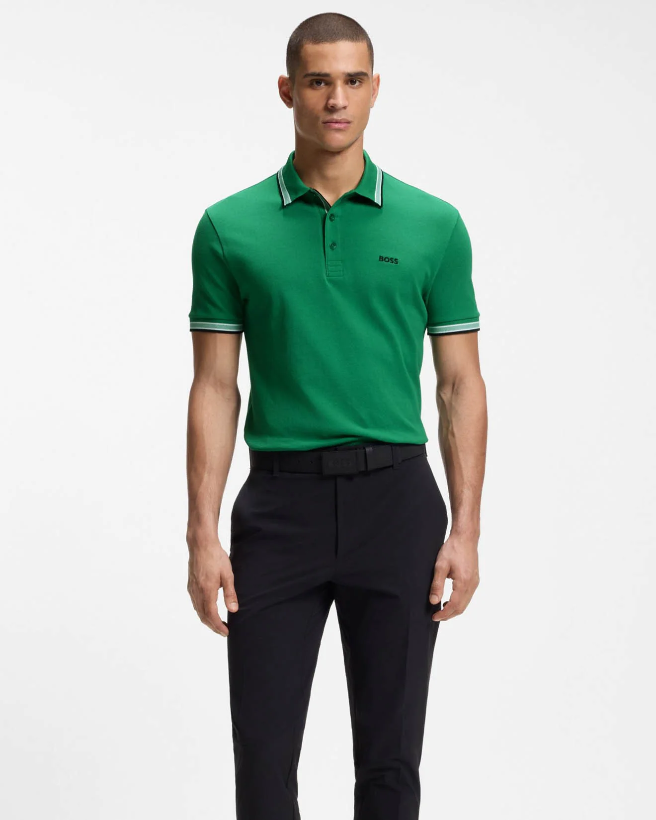 BOSS Green Paddy Mens Cotton-Piqué Polo Shirt with Contrast Logo - Bright Green 320 - Image 3