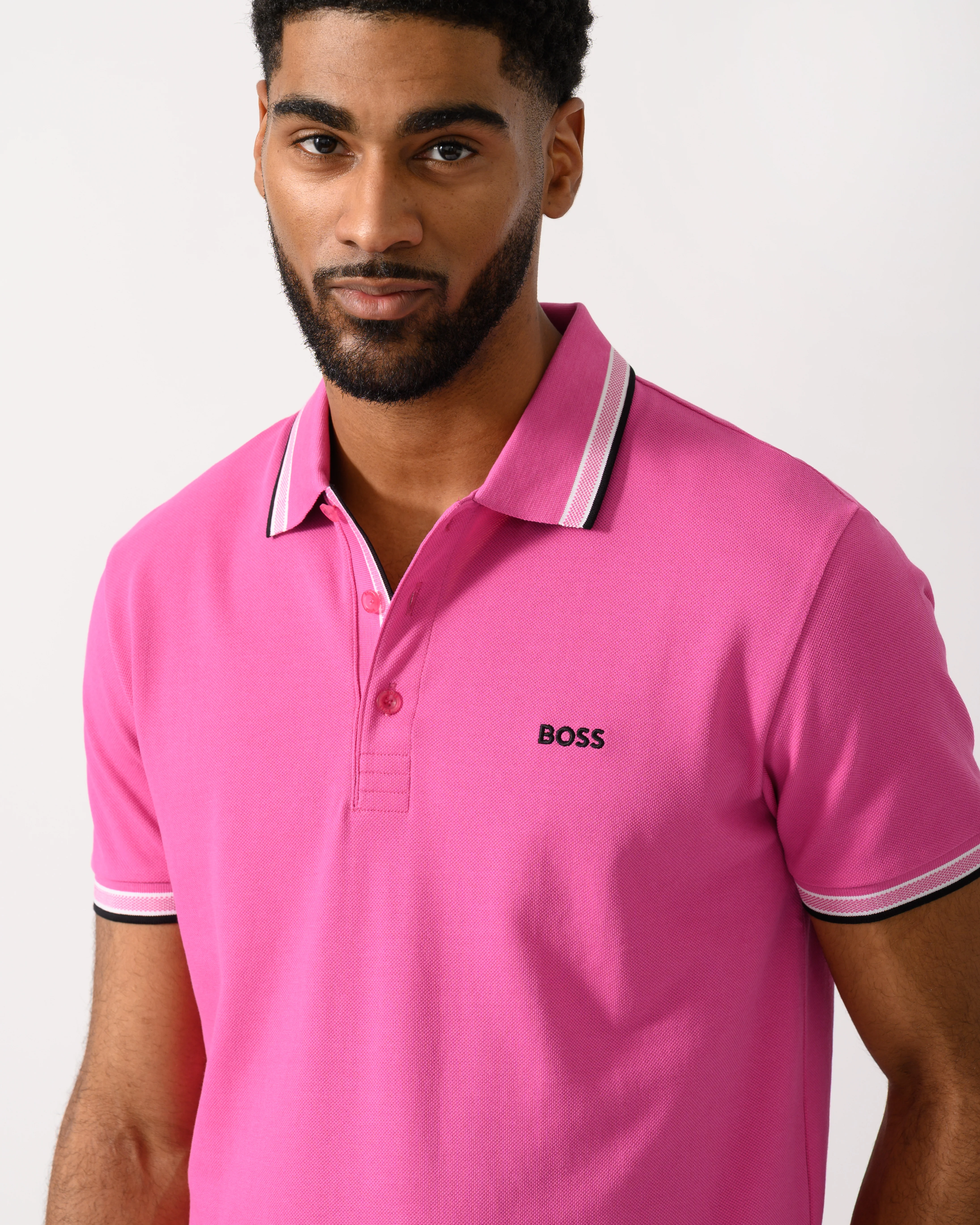 BOSS Green Paddy Mens Cotton-Piqué Polo Shirt with Contrast Logo - Bright Pink 671 - Image 2