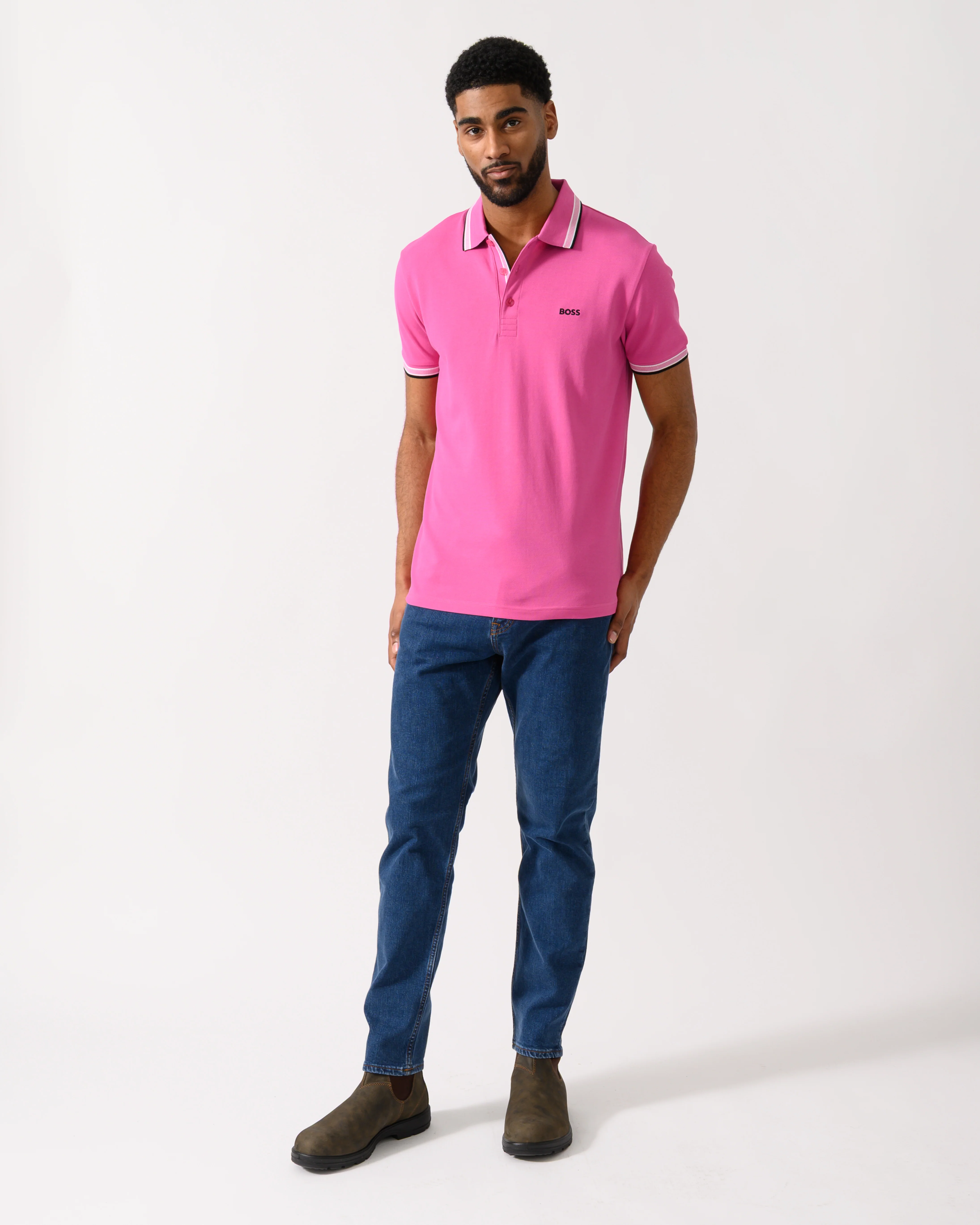 BOSS Green Paddy Mens Cotton-Piqué Polo Shirt with Contrast Logo - Bright Pink 671 - Image 3