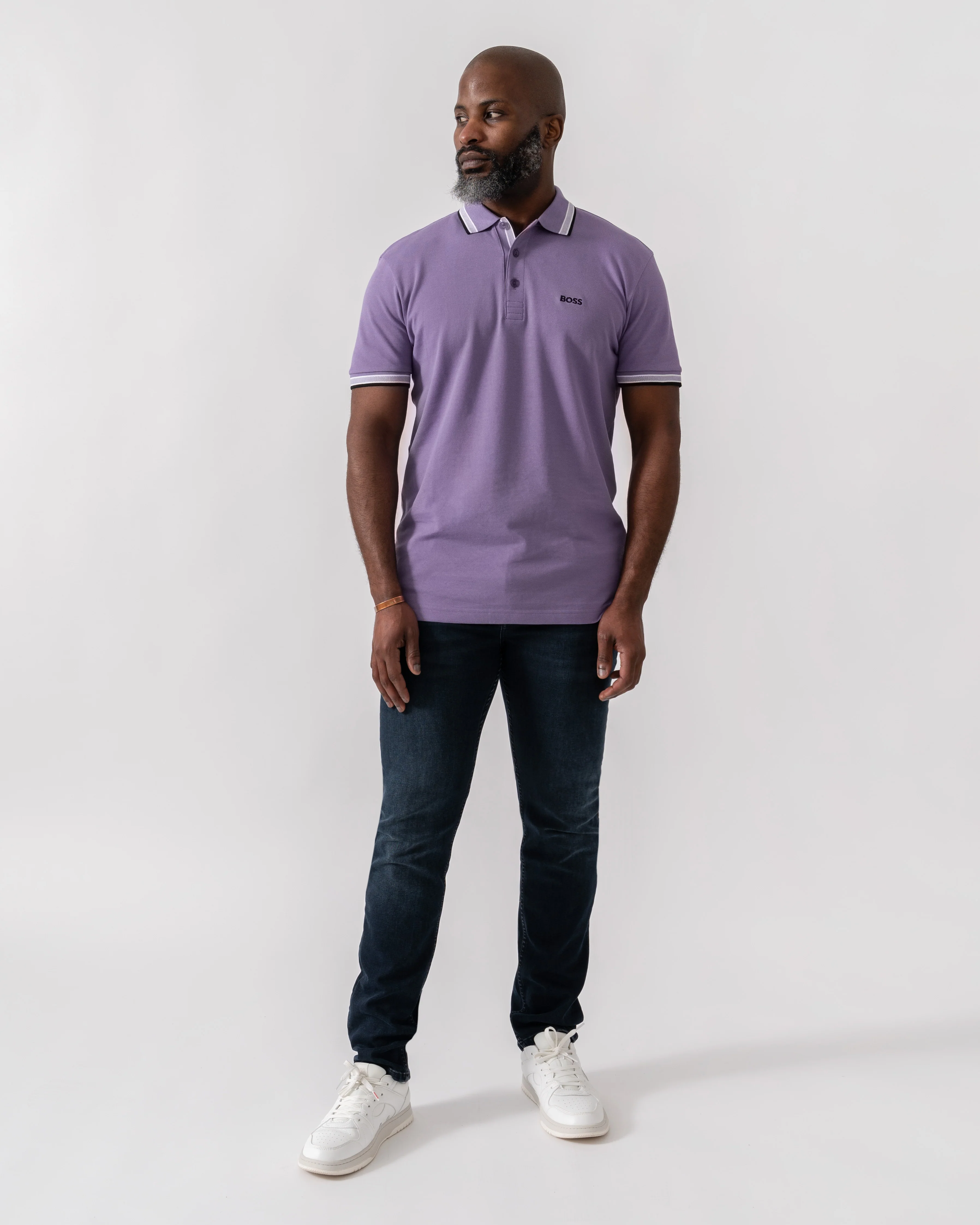 BOSS Green Paddy Mens Cotton-Piqué Polo Shirt with Contrast Logo - Bright Purple 521 - Image 3