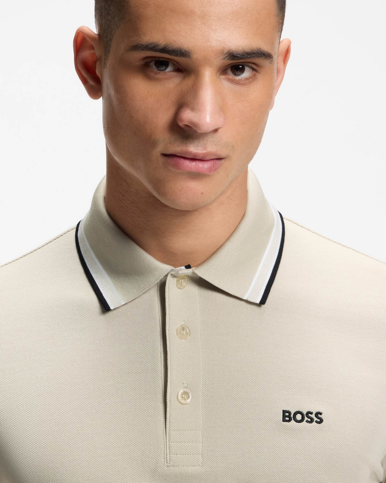 BOSS Green Paddy Mens Cotton-Piqué Polo Shirt with Contrast Logo - Light Beige 276 - Image 3