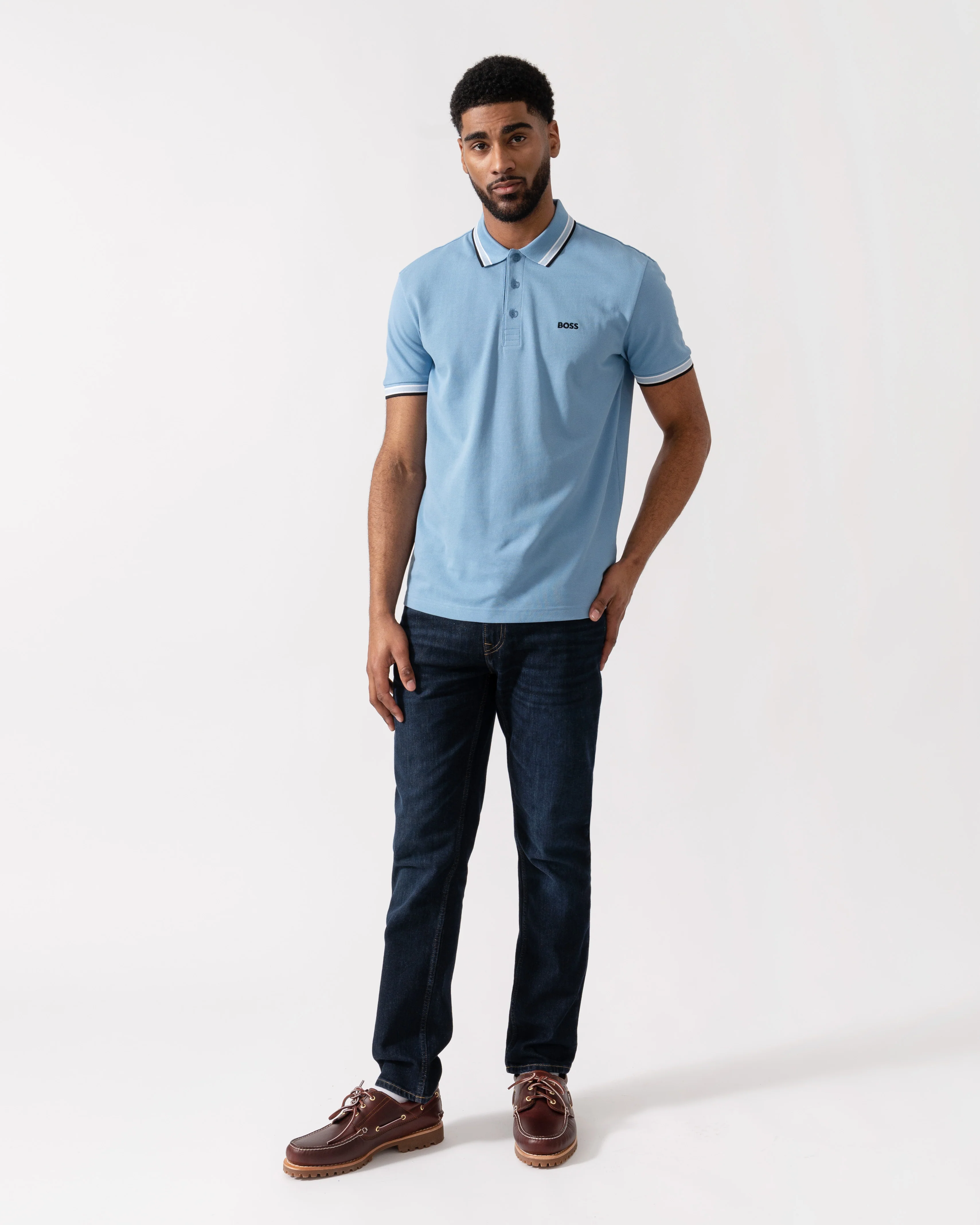BOSS Green Mens Paddy Cotton-Piqué Polo Shirt with Contrast Logo - Open Blue 469 - Image 2