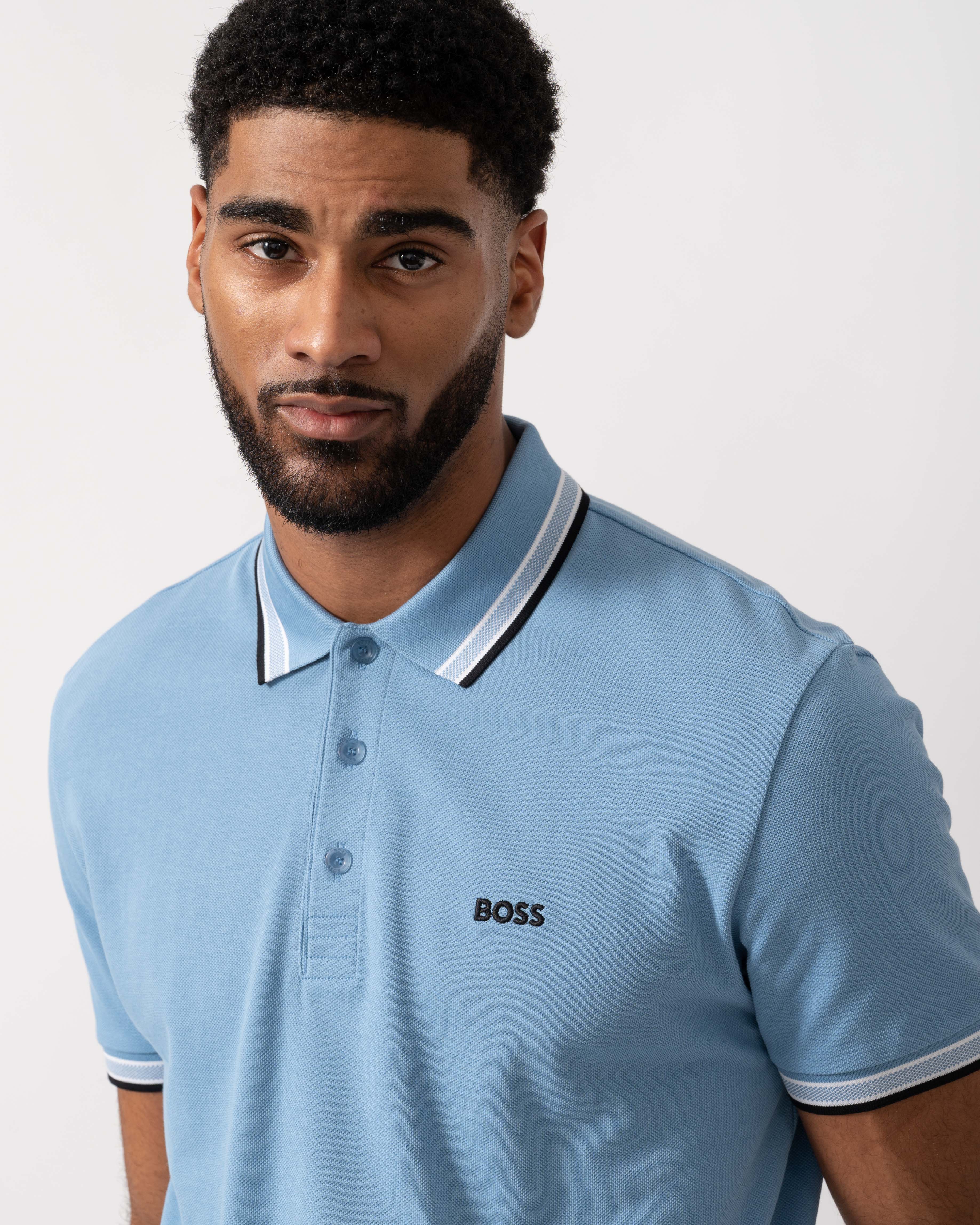 BOSS Green Mens Paddy Cotton-Piqué Polo Shirt with Contrast Logo - Open Blue 469 - Image 3