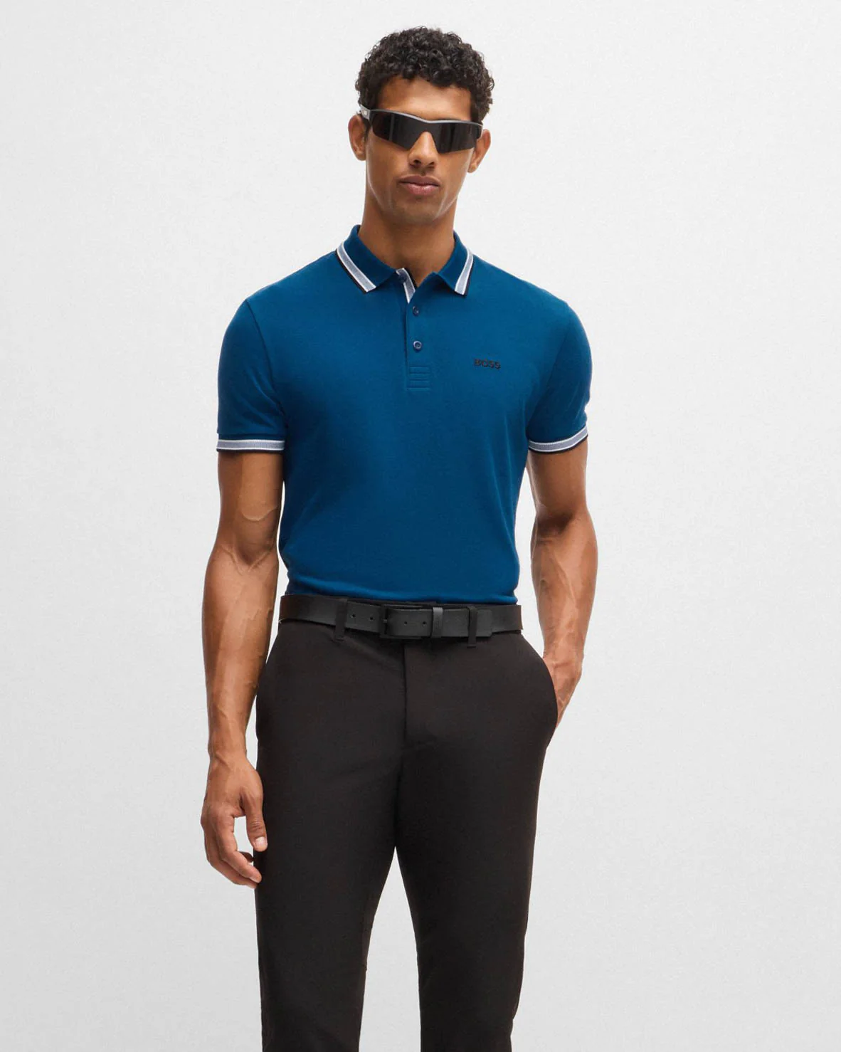 BOSS Green Paddy Mens Cotton-Piqué Polo Shirt with Contrast Logo - Open Blue 494 - Image 3