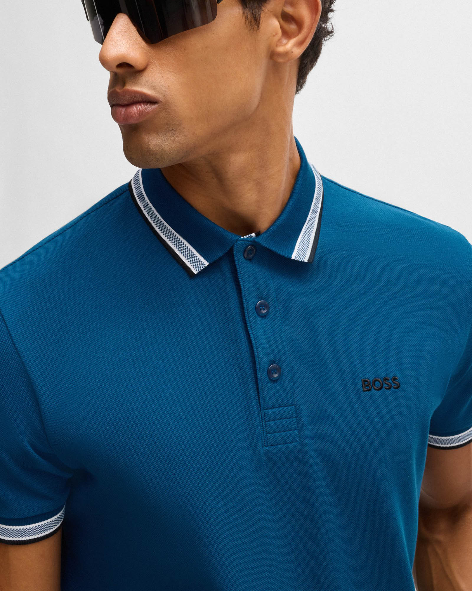 BOSS Green Paddy Mens Cotton-Piqué Polo Shirt with Contrast Logo - Open Blue 494 - Image 4