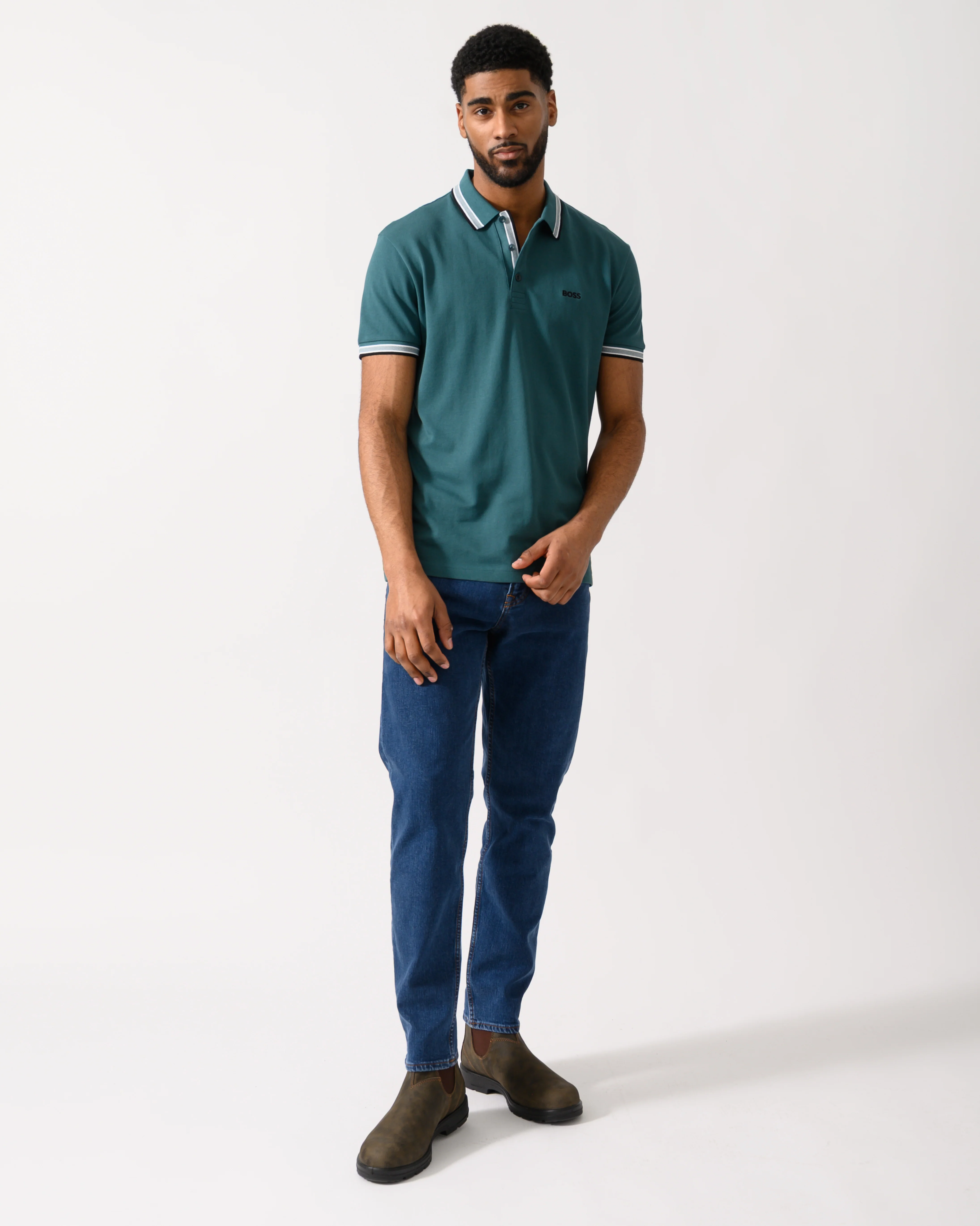 BOSS Green Paddy Mens Cotton-Piqué Polo Shirt with Contrast Logo - Open Green 356 - Image 3