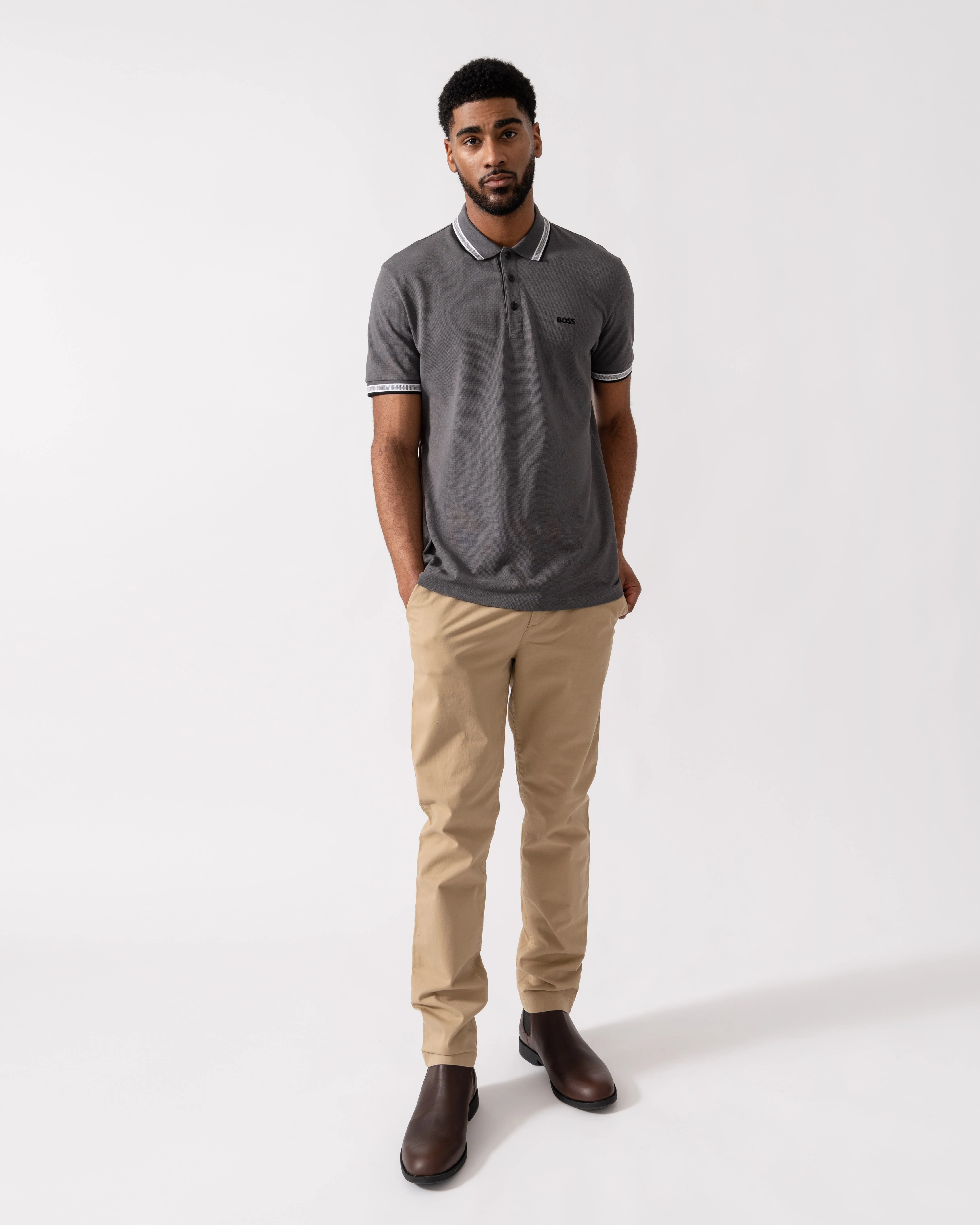 BOSS Green Mens Paddy Cotton-Piqué Polo Shirt with Contrast Logo - Open Grey 071 - Image 3
