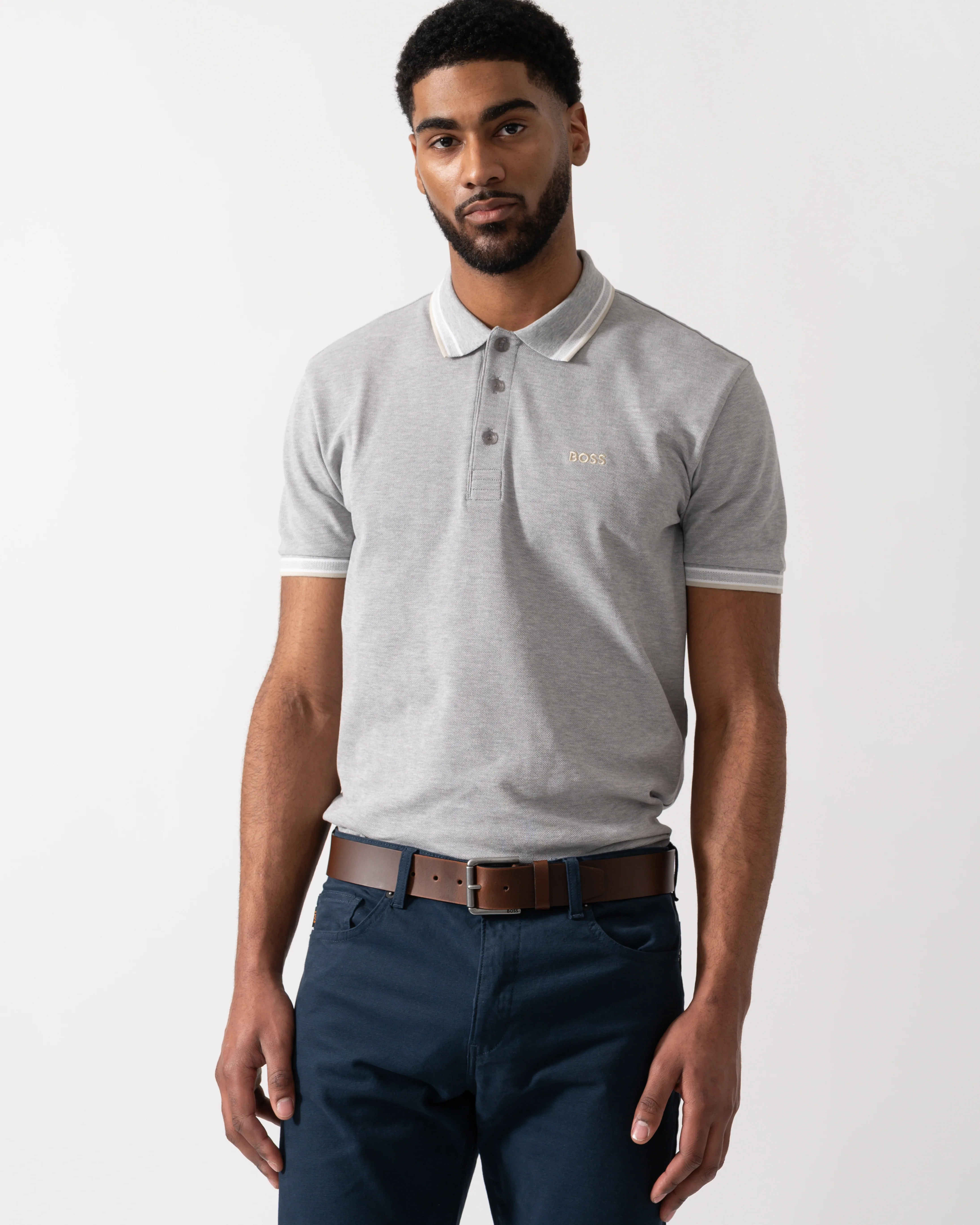 BOSS Green Paddy Mens Cotton-Piqué Polo Shirt with Contrast Logo - Silver 043