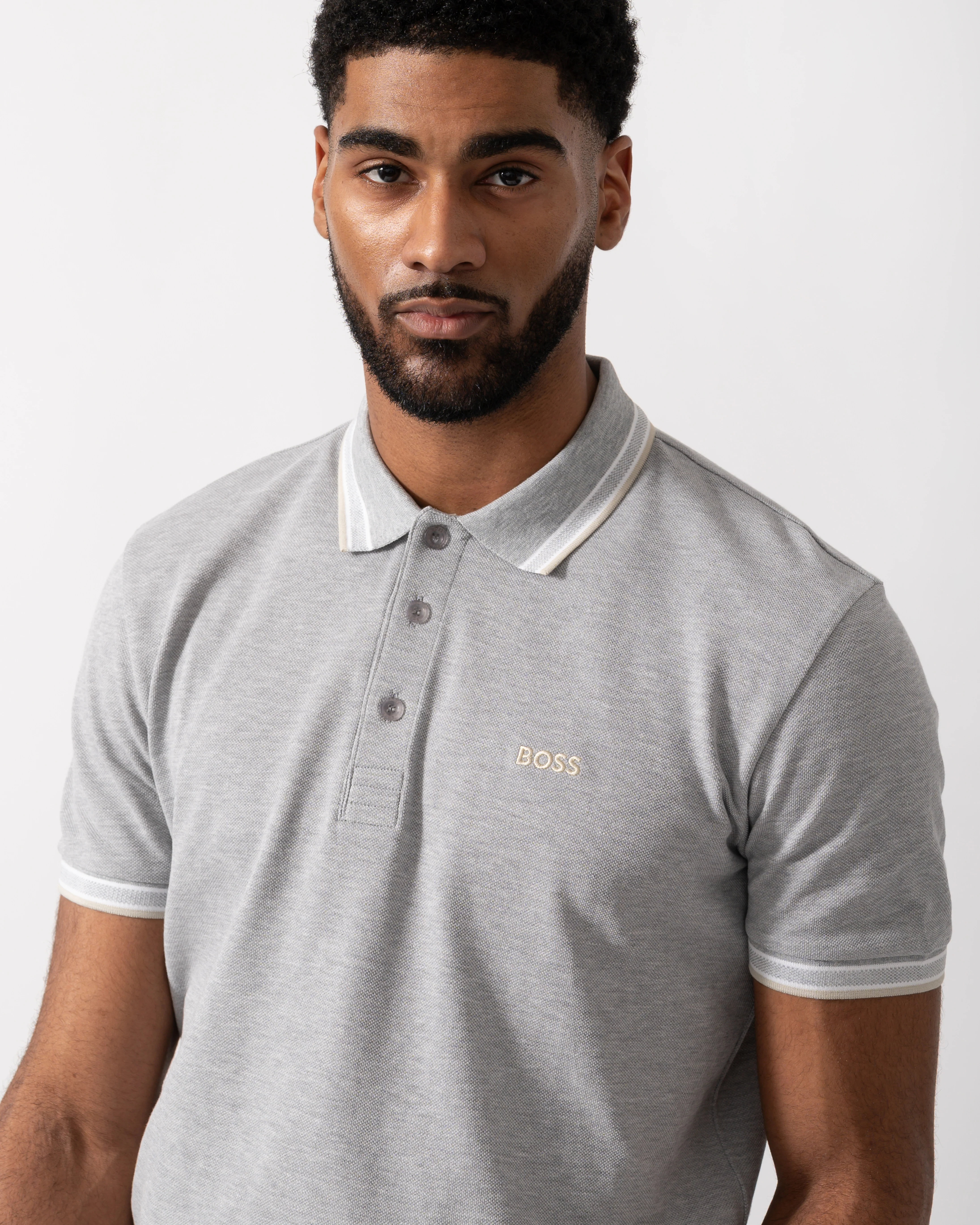 BOSS Green Paddy Mens Cotton-Piqué Polo Shirt with Contrast Logo - Silver 043 - Image 3