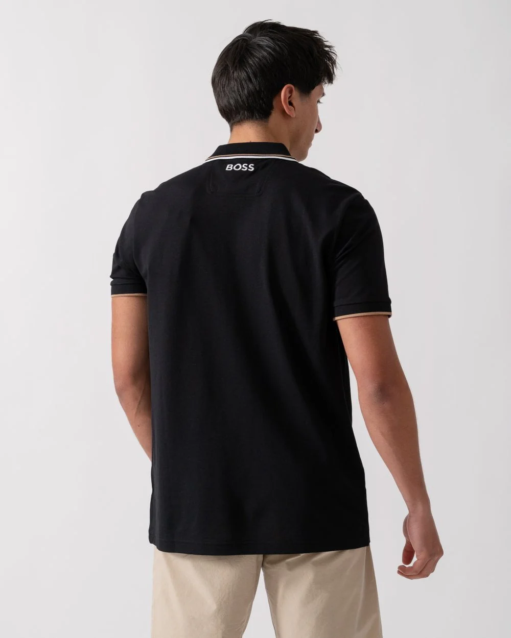 BOSS Green Paddy Pro Mens Cotton Blend Polo Shirt With Contrast Logos - Black 009 - Image 3