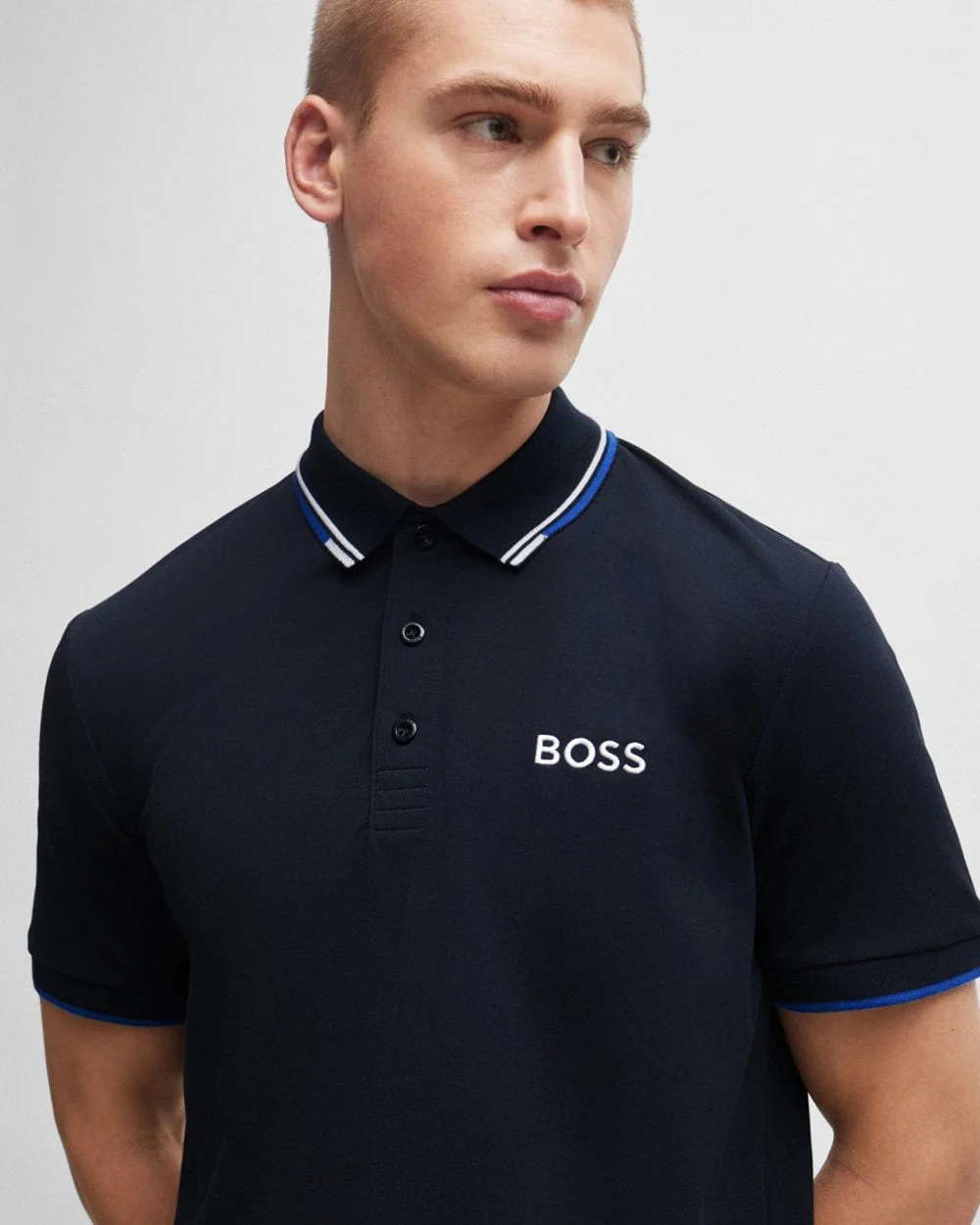 BOSS Green Paddy Pro Mens Cotton Blend Polo Shirt With Contrast Logos NOS - Dark Blue 402 - Image 2