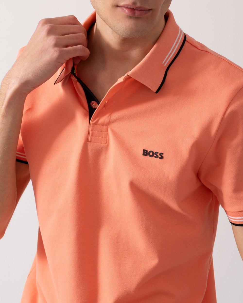 BOSS Green Paul Mens Short Sleeve Polo Shirt With Contrast Tipping - Pink 650 - Image 2