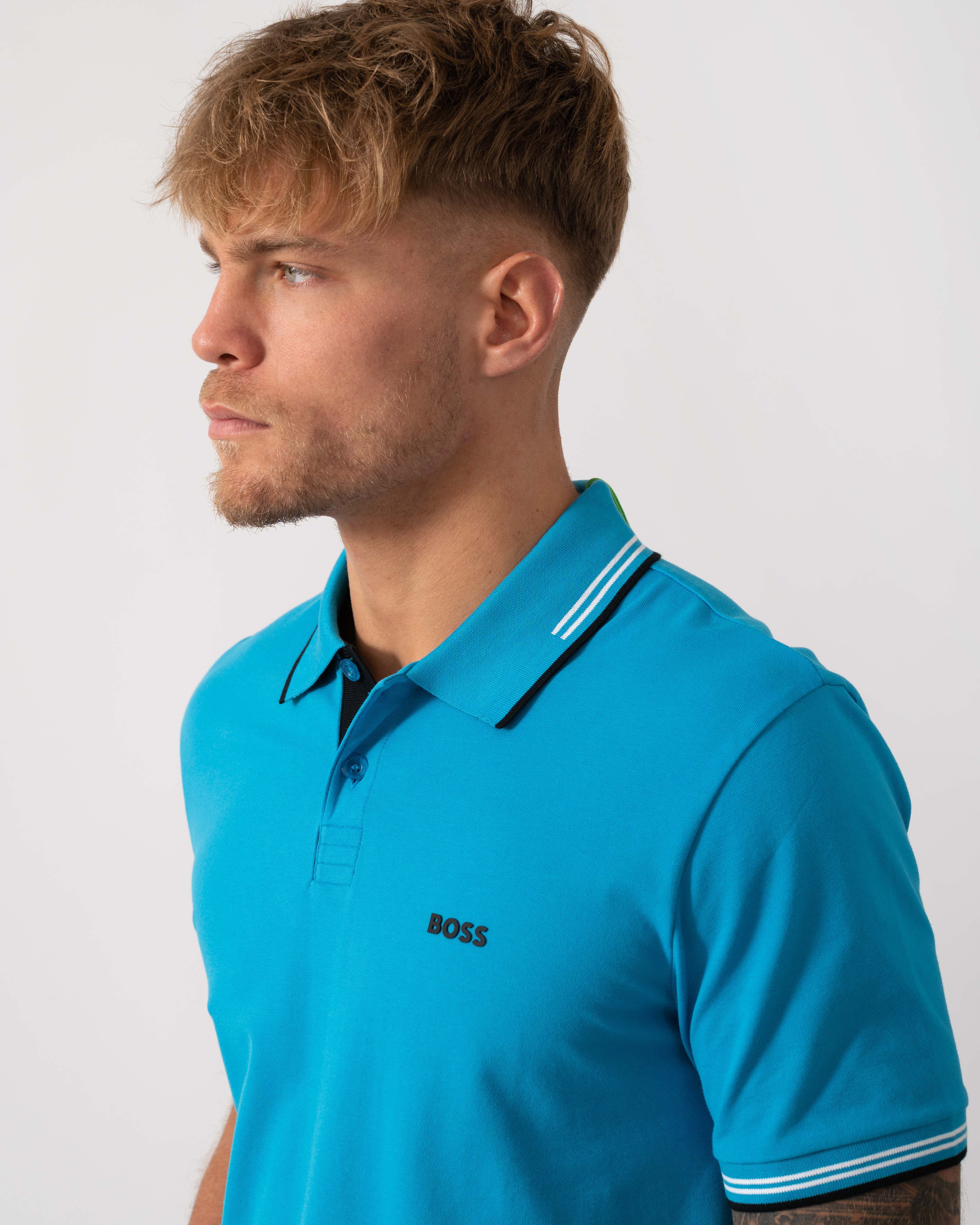 BOSS Green Paul Mens Short Sleeve Polo Shirt With Contrast Tipping - Turquoise/Aqua 443 - Image 2