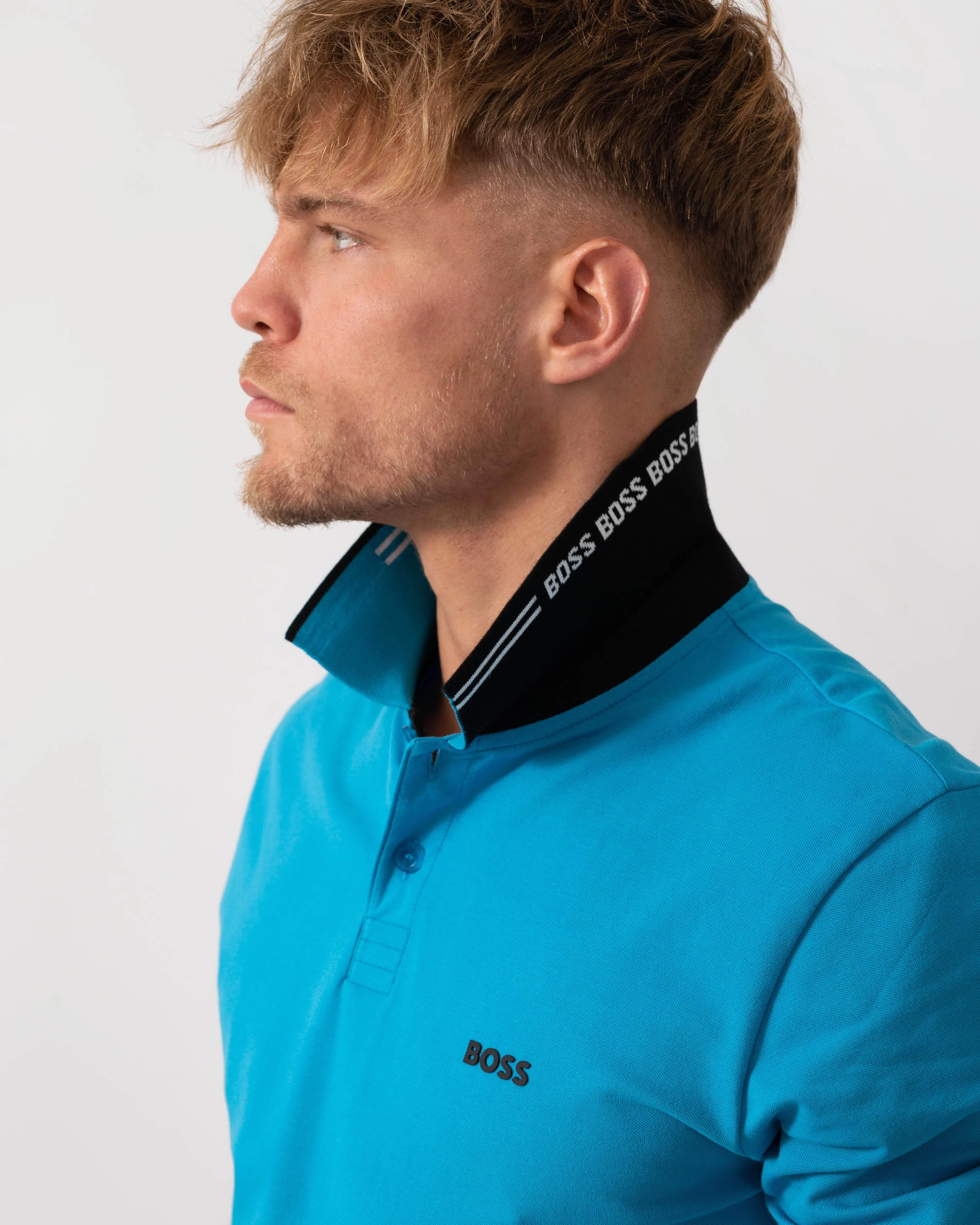 BOSS Green Paul Mens Short Sleeve Polo Shirt With Contrast Tipping - Turquoise/Aqua 443 - Image 3