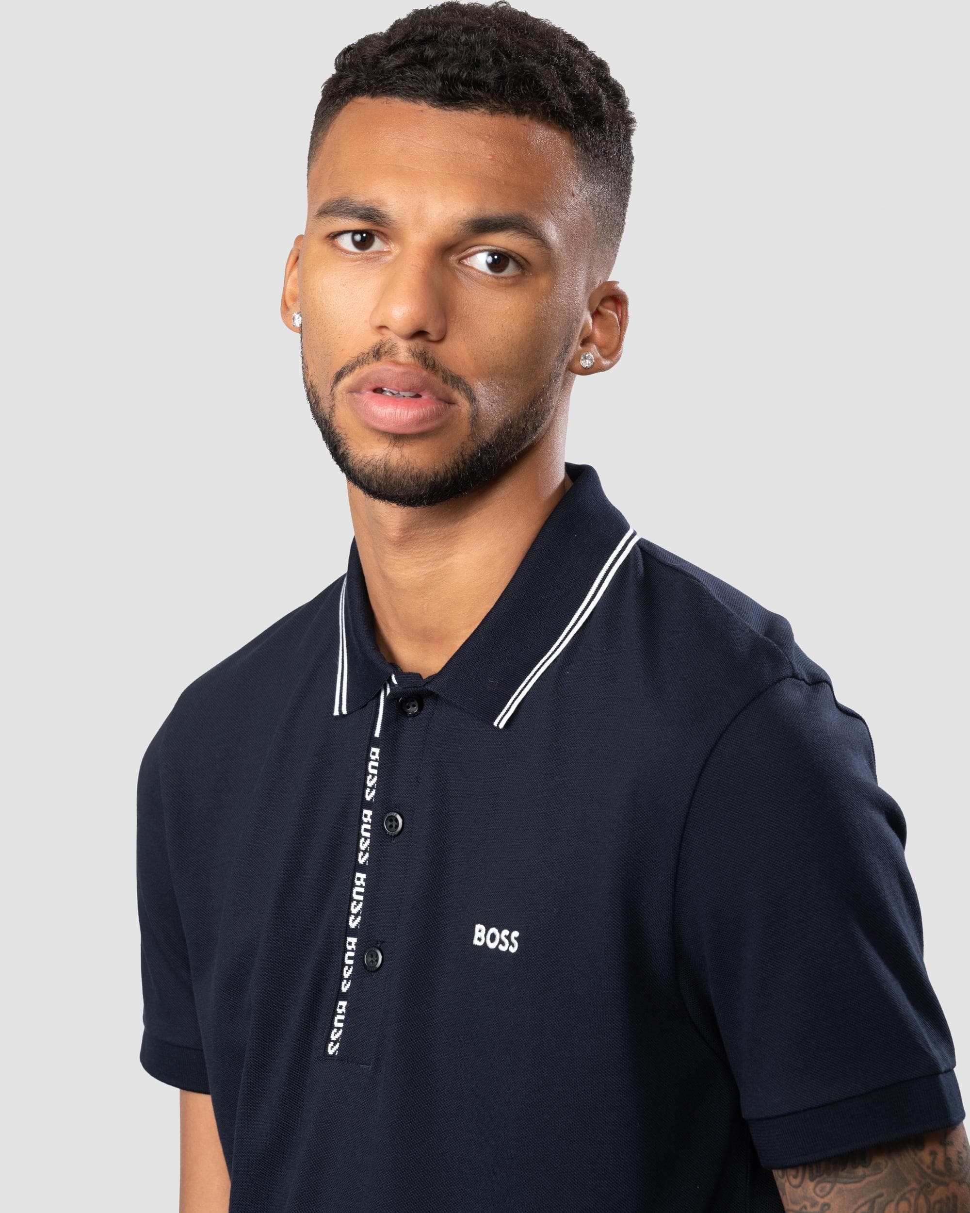 BOSS Green Paule 4 Logo Tape Placket Mens Polo Shirt - Image 2