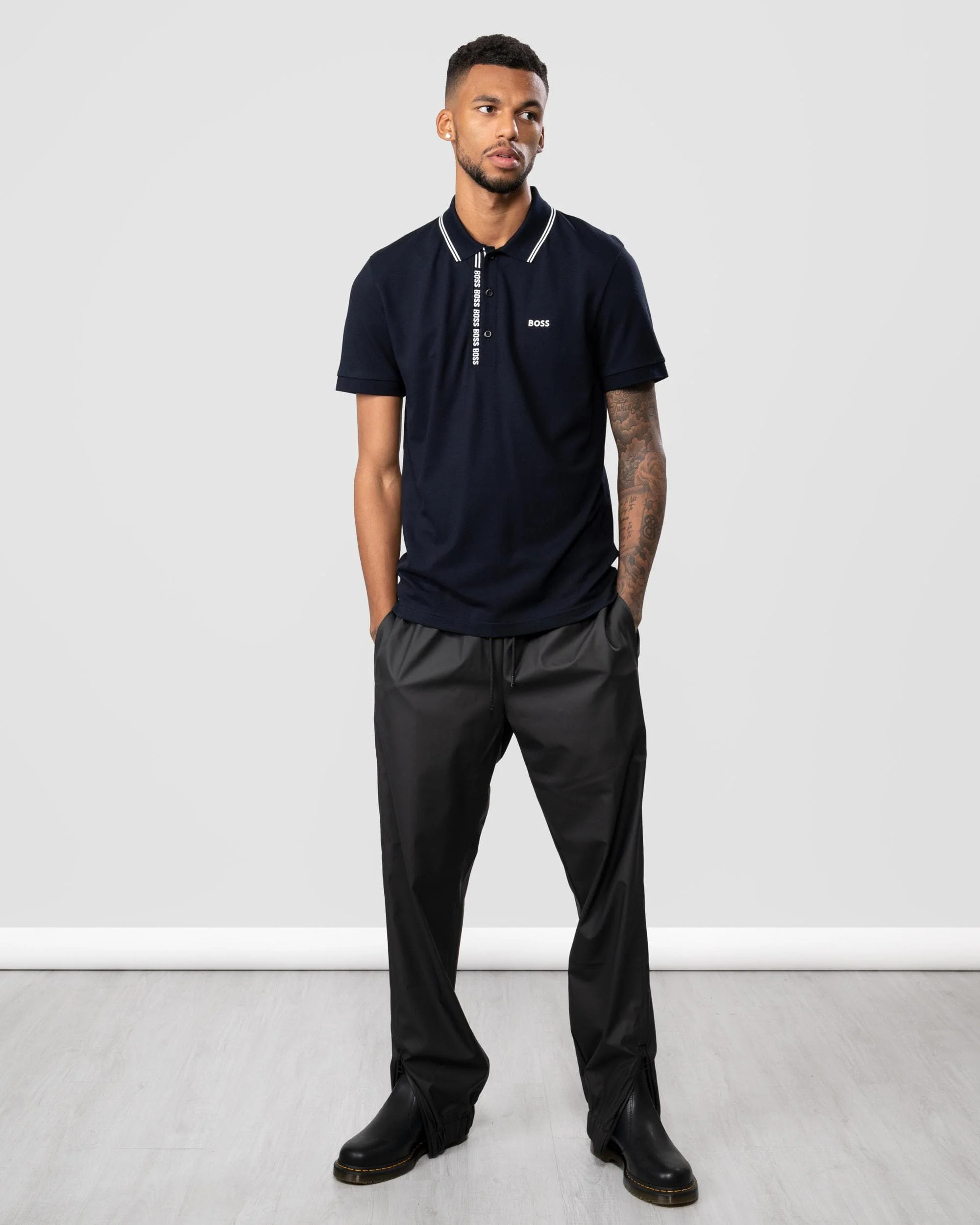 BOSS Green Paule 4 Logo Tape Placket Mens Polo Shirt - Image 3
