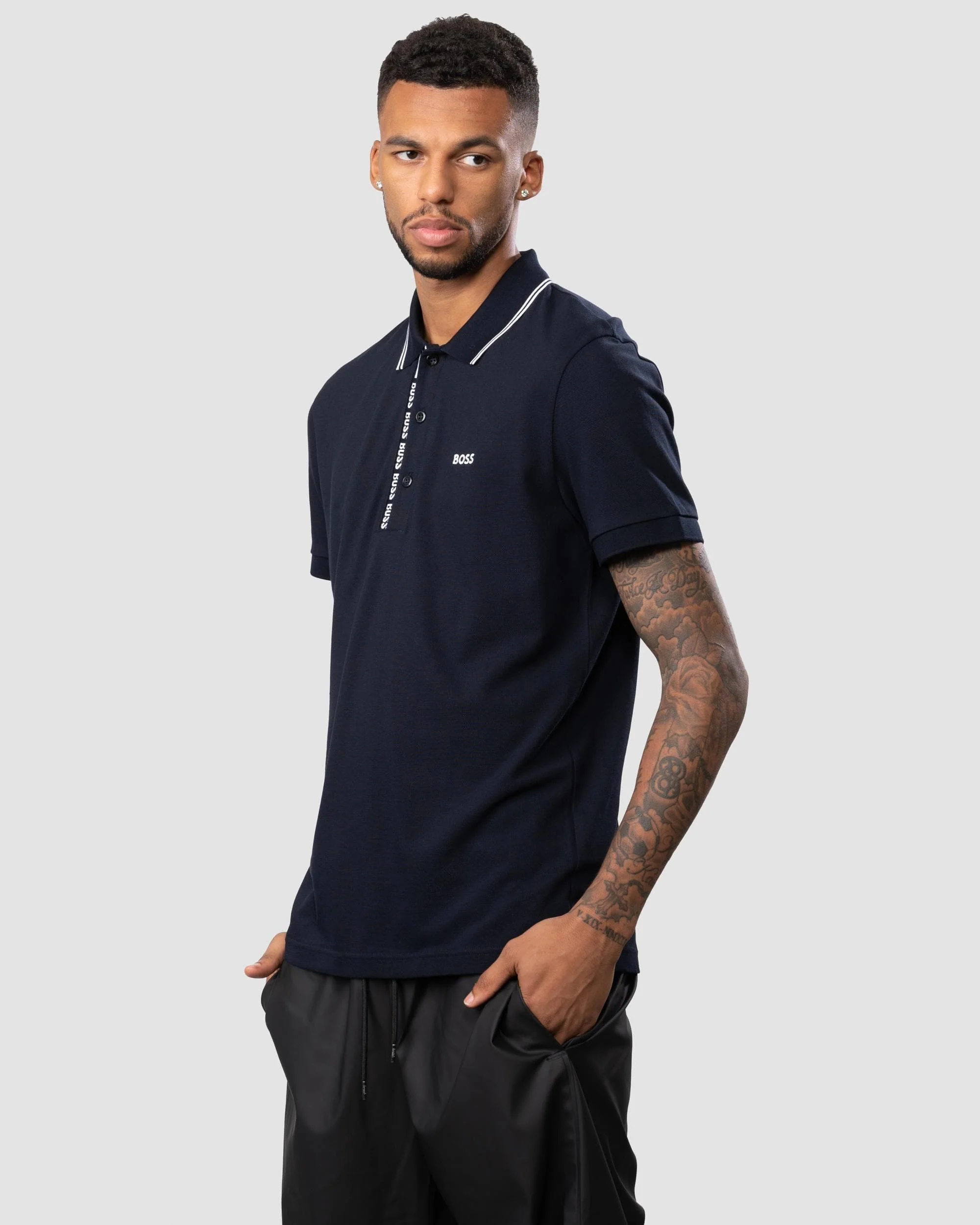 BOSS Green Paule 4 Logo Tape Placket Mens Polo Shirt - Image 4