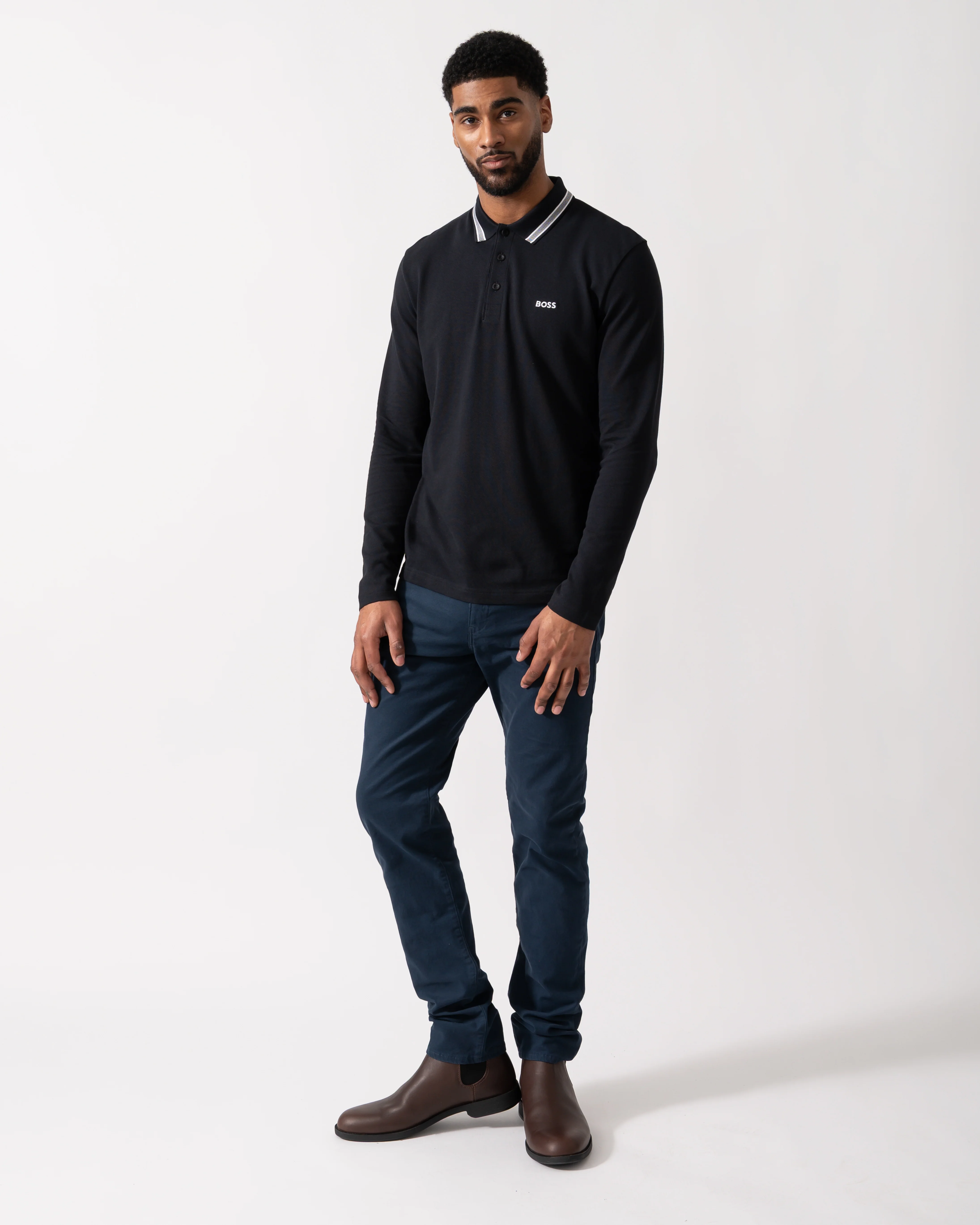 BOSS Green Plisy Mens Long Sleeve Polo Shirt - Dark Blue 402 - Image 2