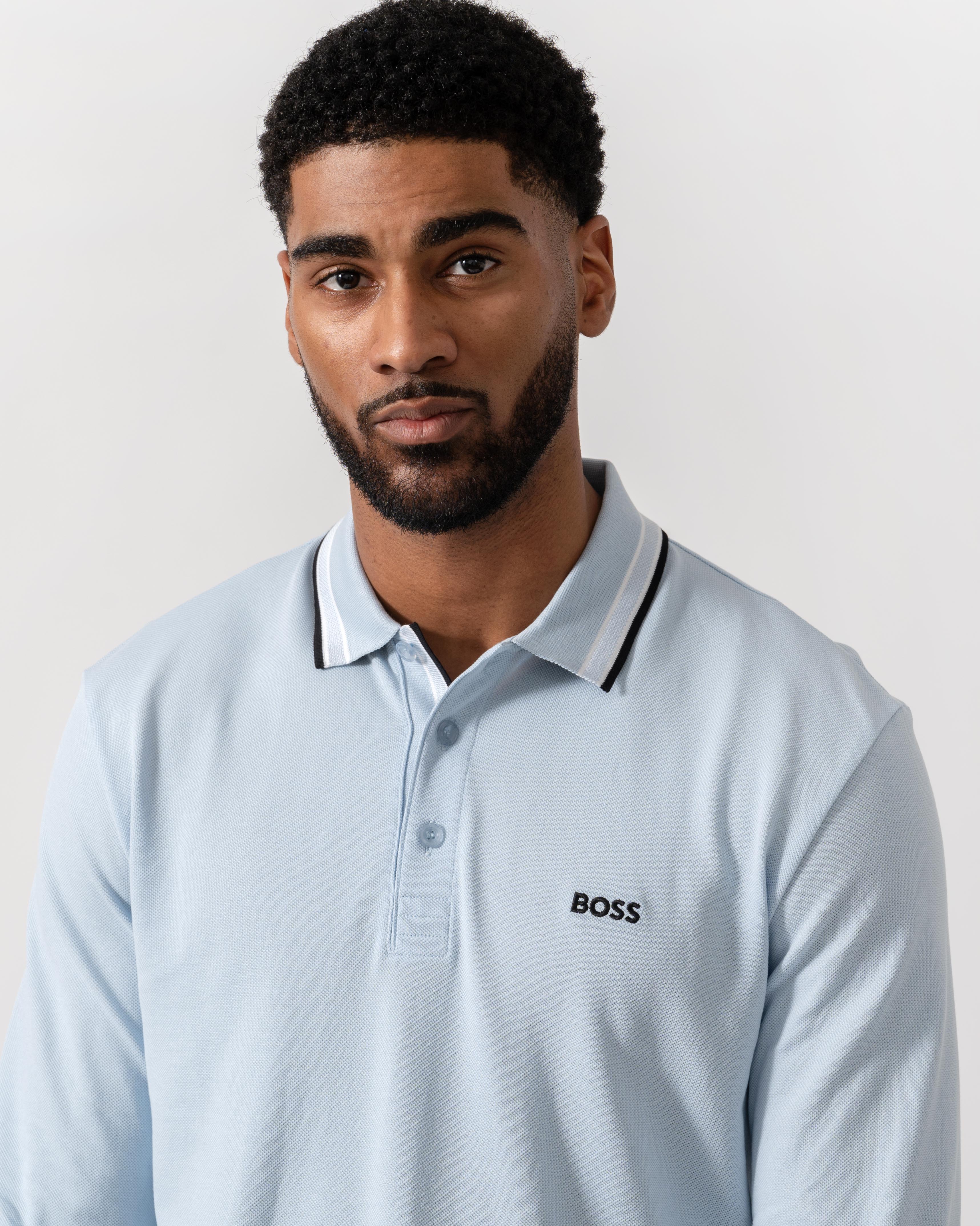 BOSS Green Mens Plisy Long Sleeve Polo Shirt - Open Blue 464 - Image 2