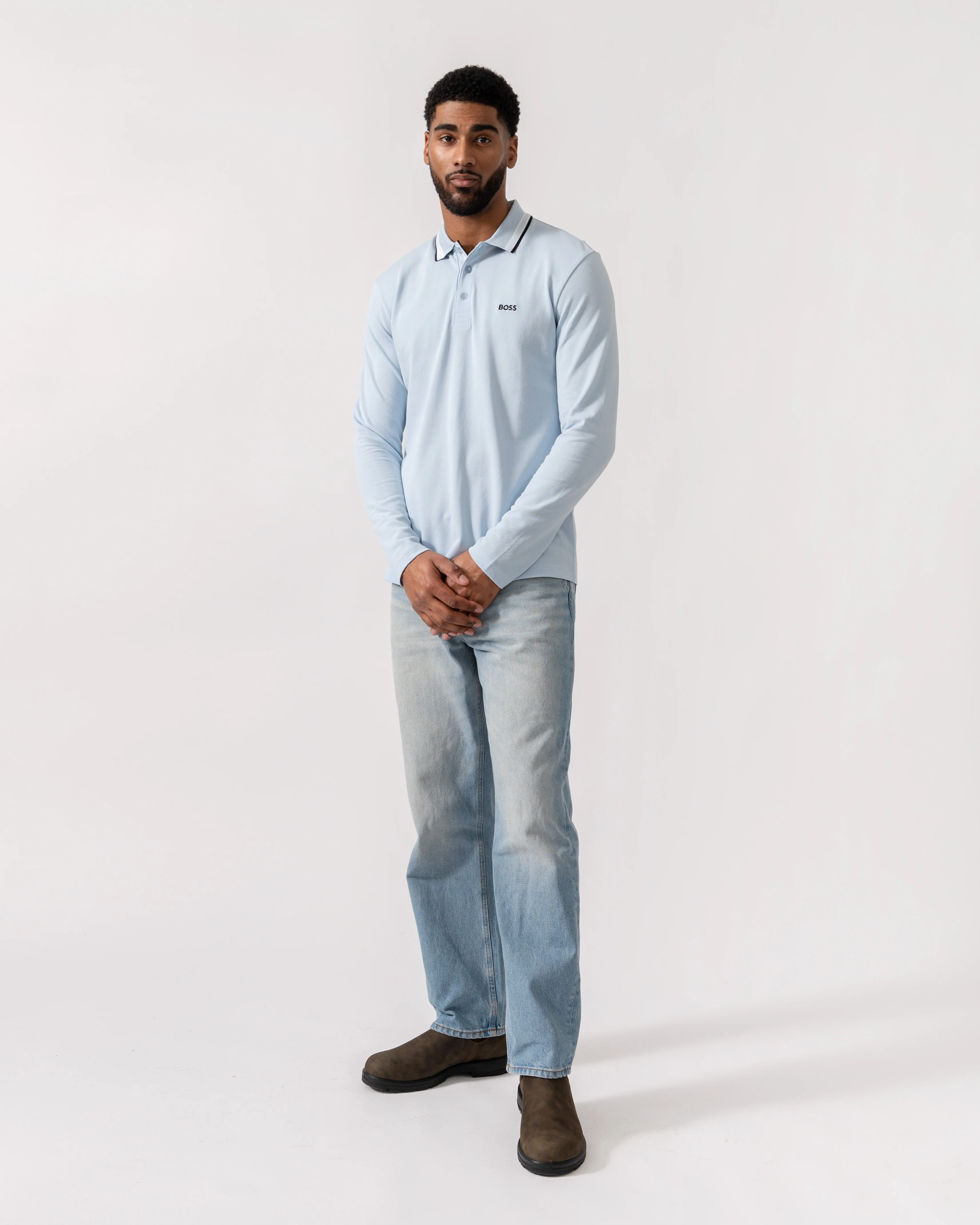 BOSS Green Mens Plisy Long Sleeve Polo Shirt - Open Blue 464 - Image 3