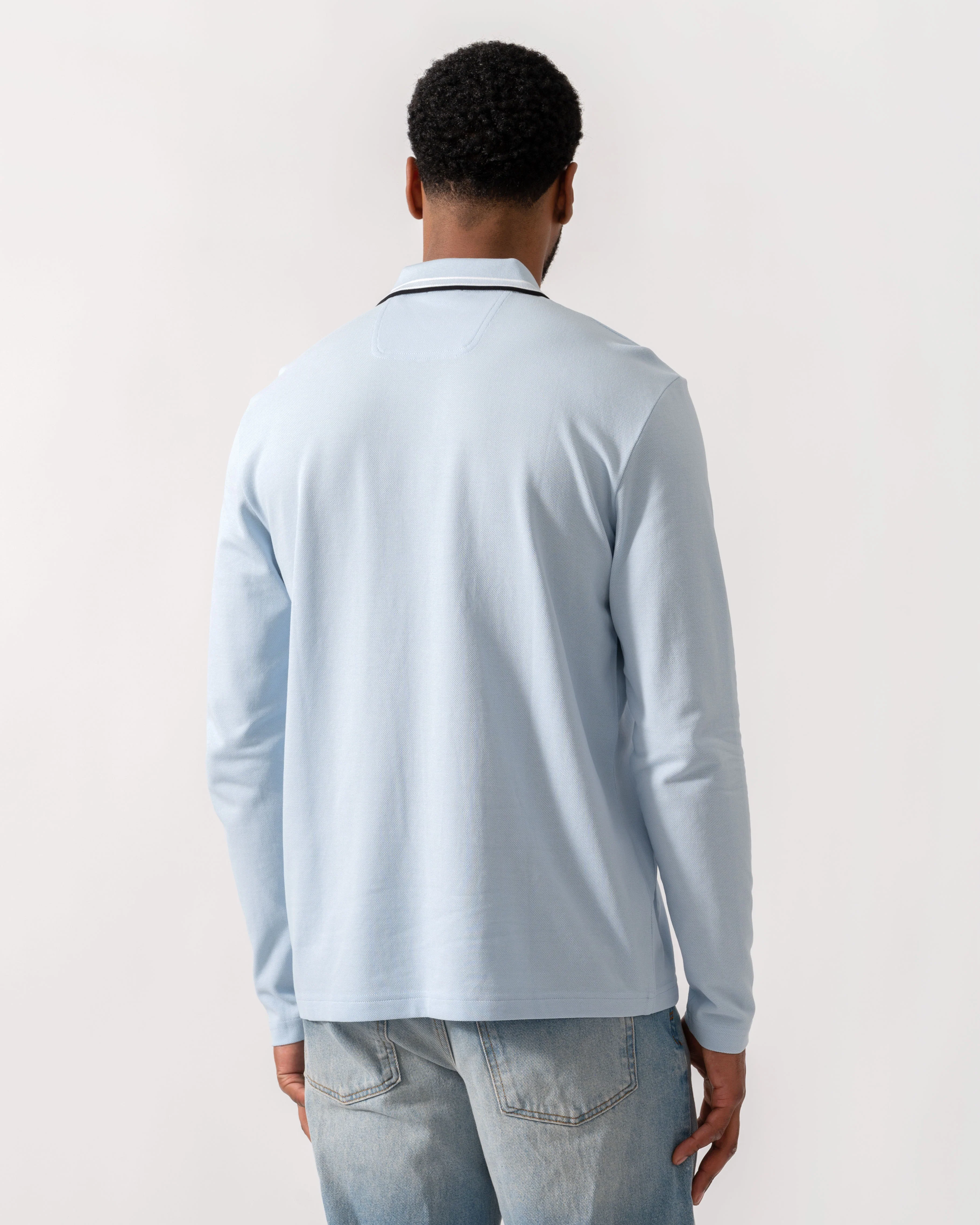 BOSS Green Mens Plisy Long Sleeve Polo Shirt - Open Blue 464 - Image 4