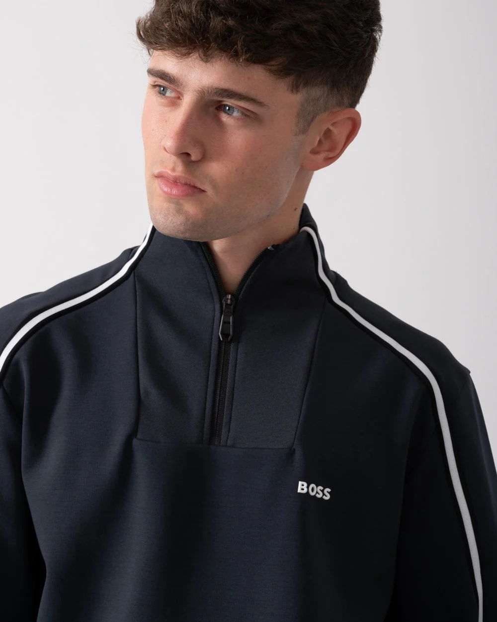 BOSS Green Sweat 1 Mens 1/4 Zip Sweatshirt with Contrast Piping - Dark Blue 402 - Image 2