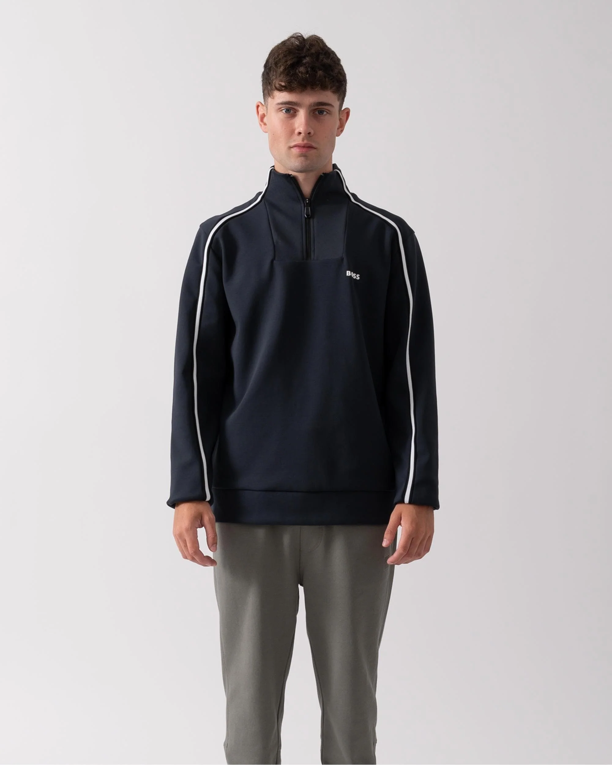 BOSS Green Sweat 1 Mens 1/4 Zip Sweatshirt with Contrast Piping - Dark Blue 402 - Image 3