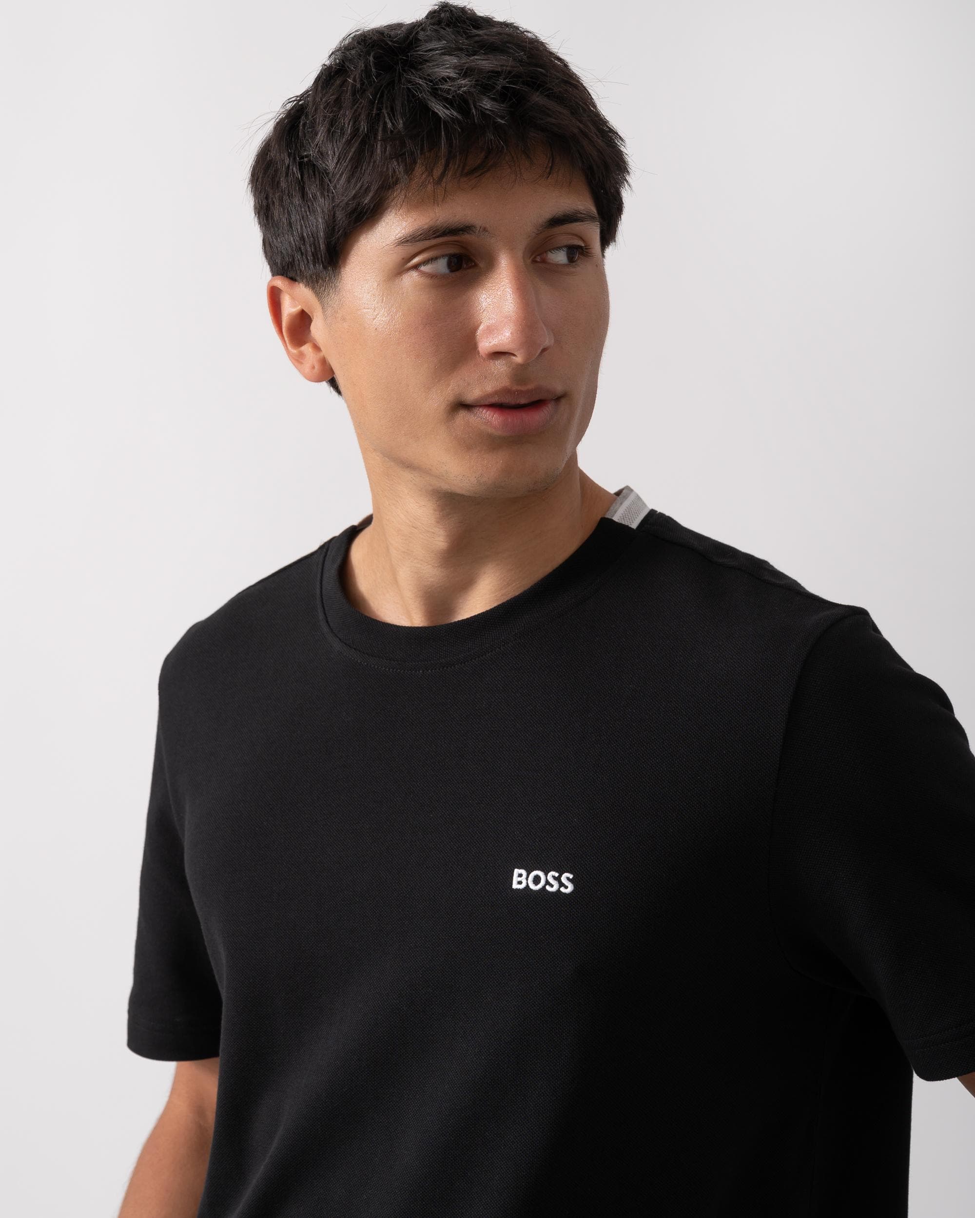 BOSS Green Taddy Mens Cotton Piqué T-Shirt with Oxford-Jacquard Back Collar - Black 001 - Image 2