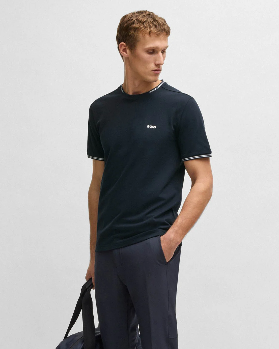 BOSS Green Taul Mens Stretch-Cotton T-Shirt with Stripes and Logo - Dark Blue 402 - Image 2