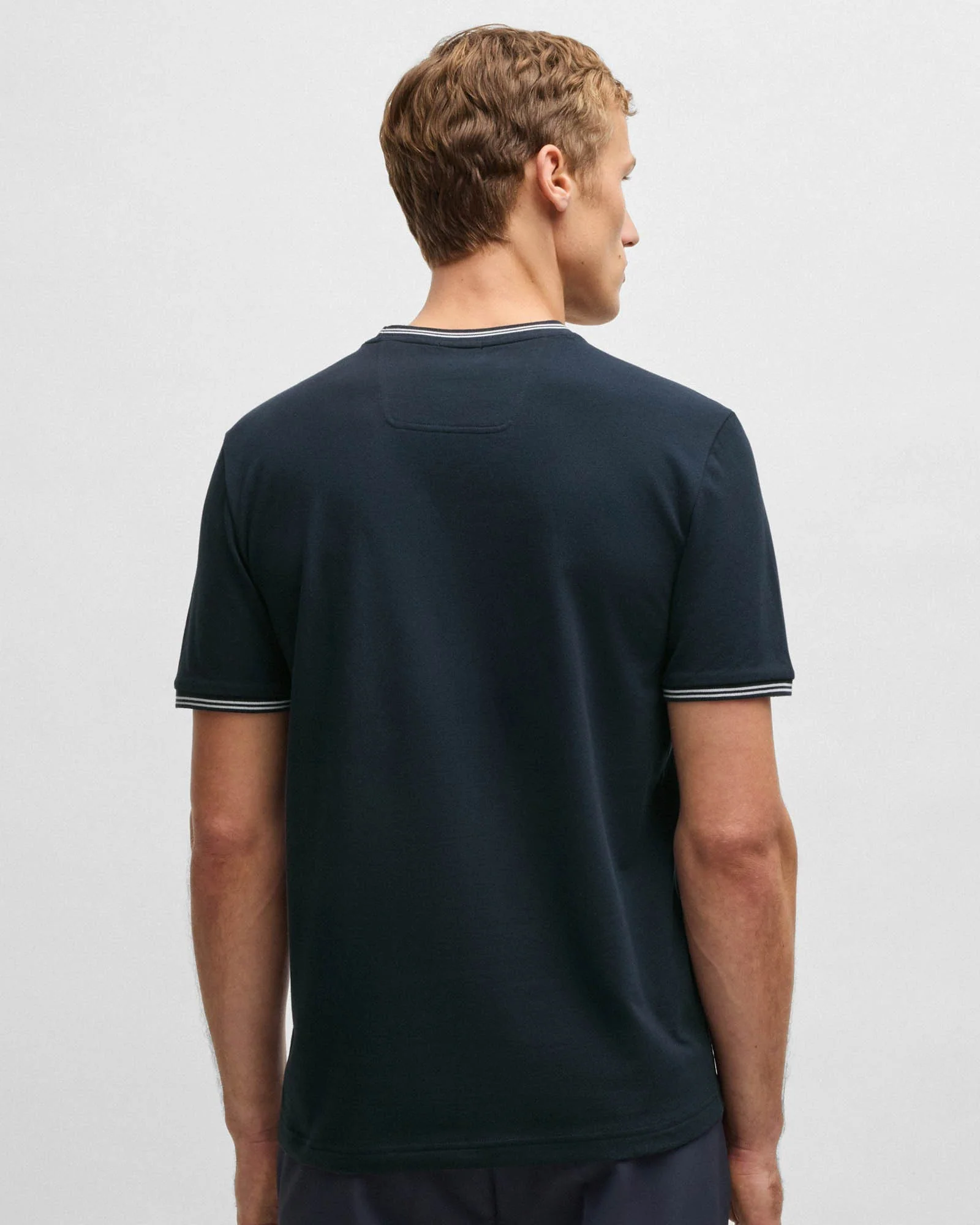BOSS Green Taul Mens Stretch-Cotton T-Shirt with Stripes and Logo - Dark Blue 402 - Image 3