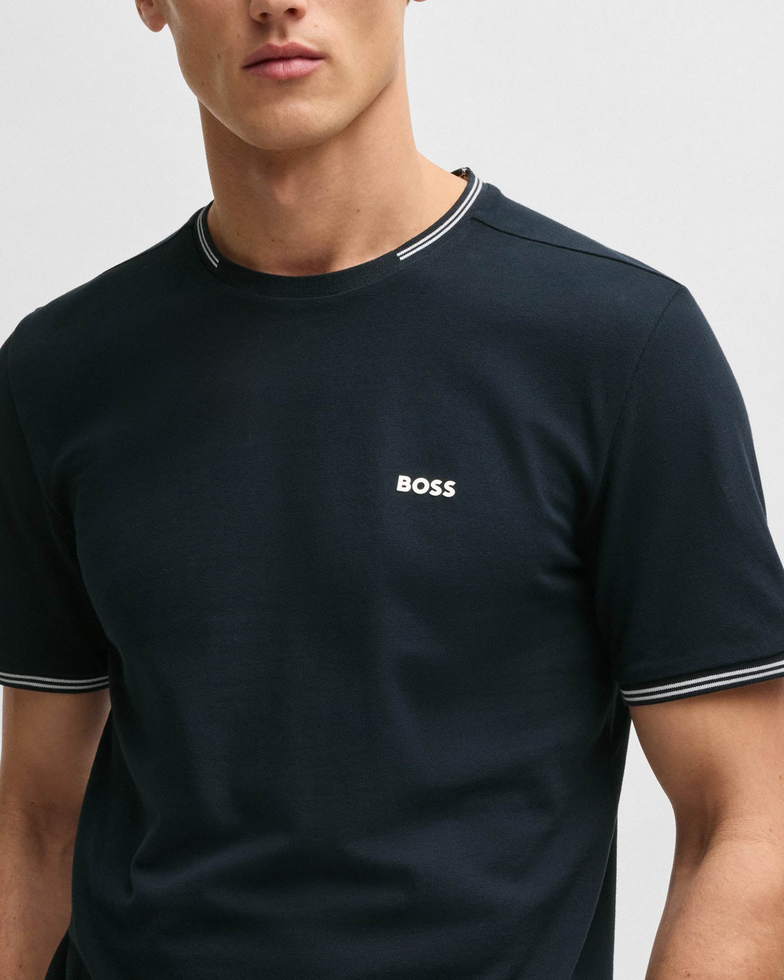 BOSS Green Taul Mens Stretch-Cotton T-Shirt with Stripes and Logo - Dark Blue 402 - Image 4