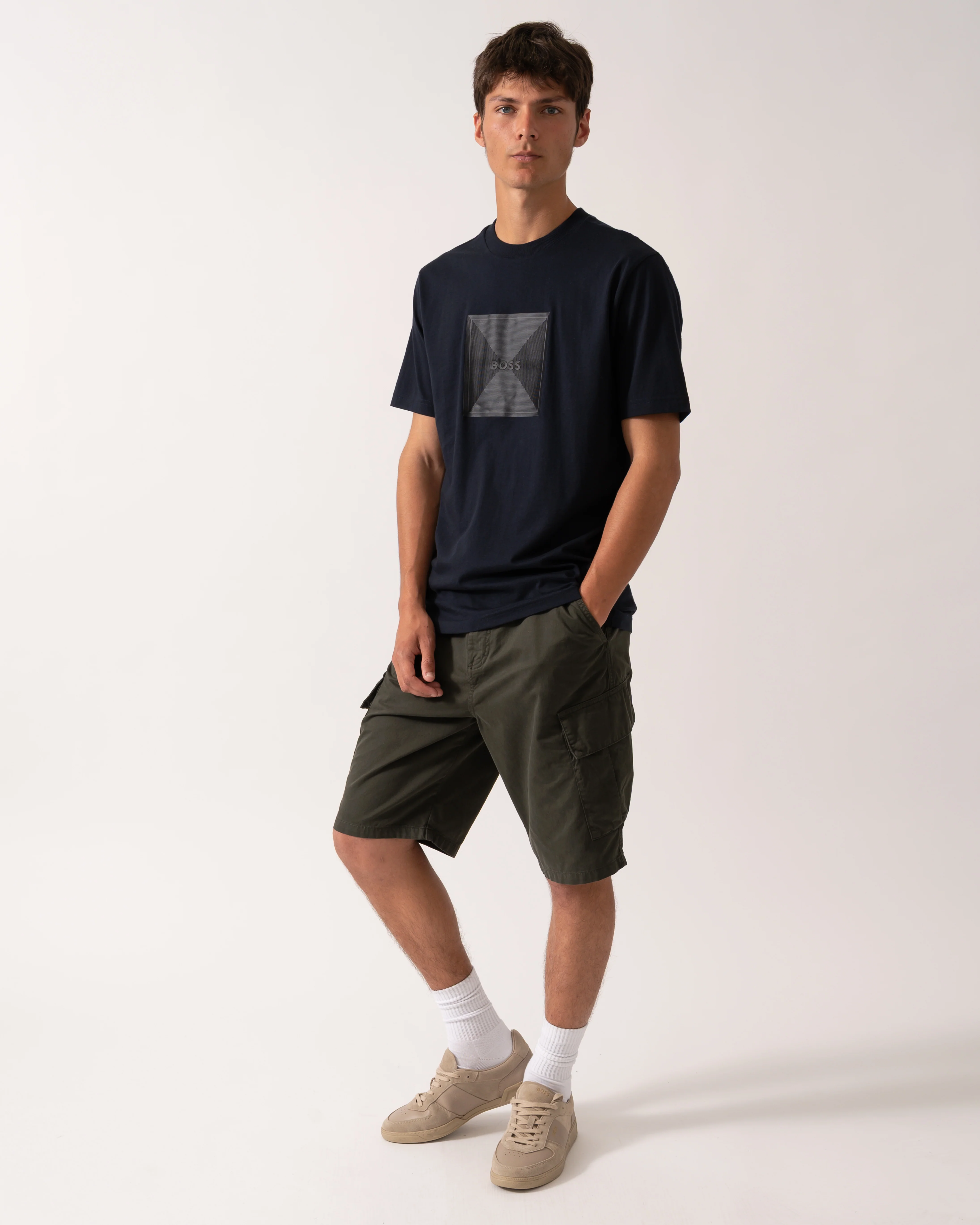BOSS Green Tee Logo Rib Mens T-shirt with Fineline Logo Artwork - Dark Blue 402 - Image 3