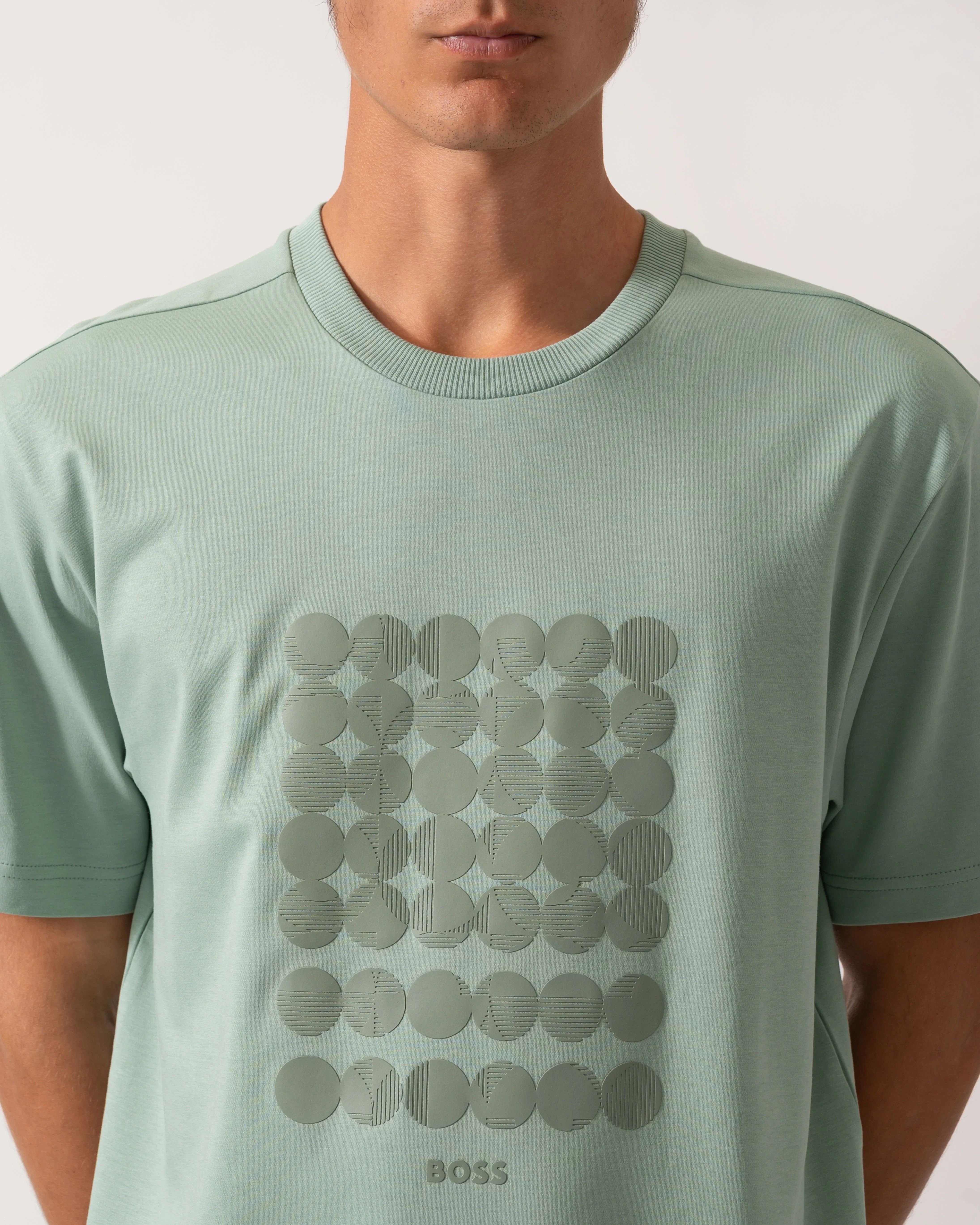 BOSS Green Tee Mens Interlock-Cotton T-Shirt with Circle Artwork - Open Green 357 - Image 2