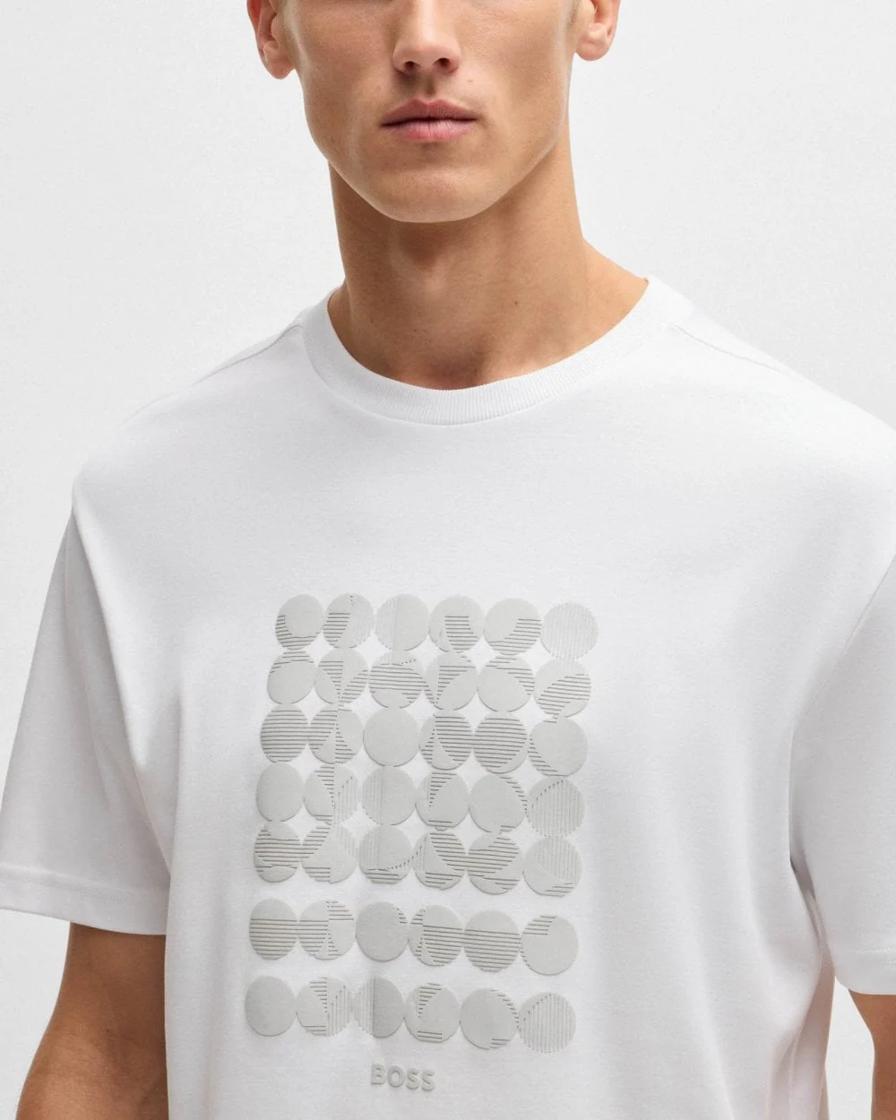 BOSS Green Tee Mens Interlock-Cotton T-Shirt with Circle Artwork - White 100 - Image 2