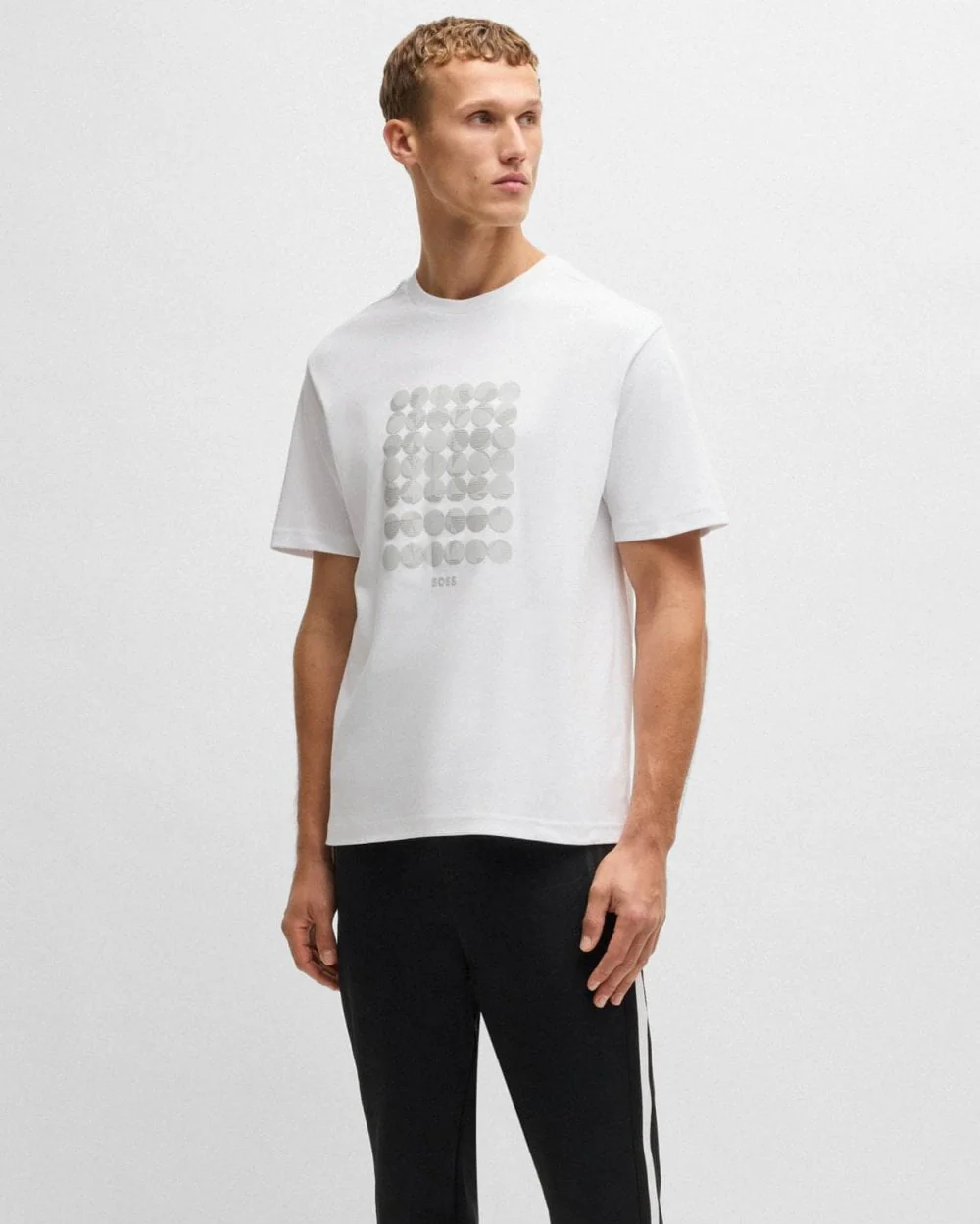 BOSS Green Tee Mens Interlock-Cotton T-Shirt with Circle Artwork - White 100 - Image 3