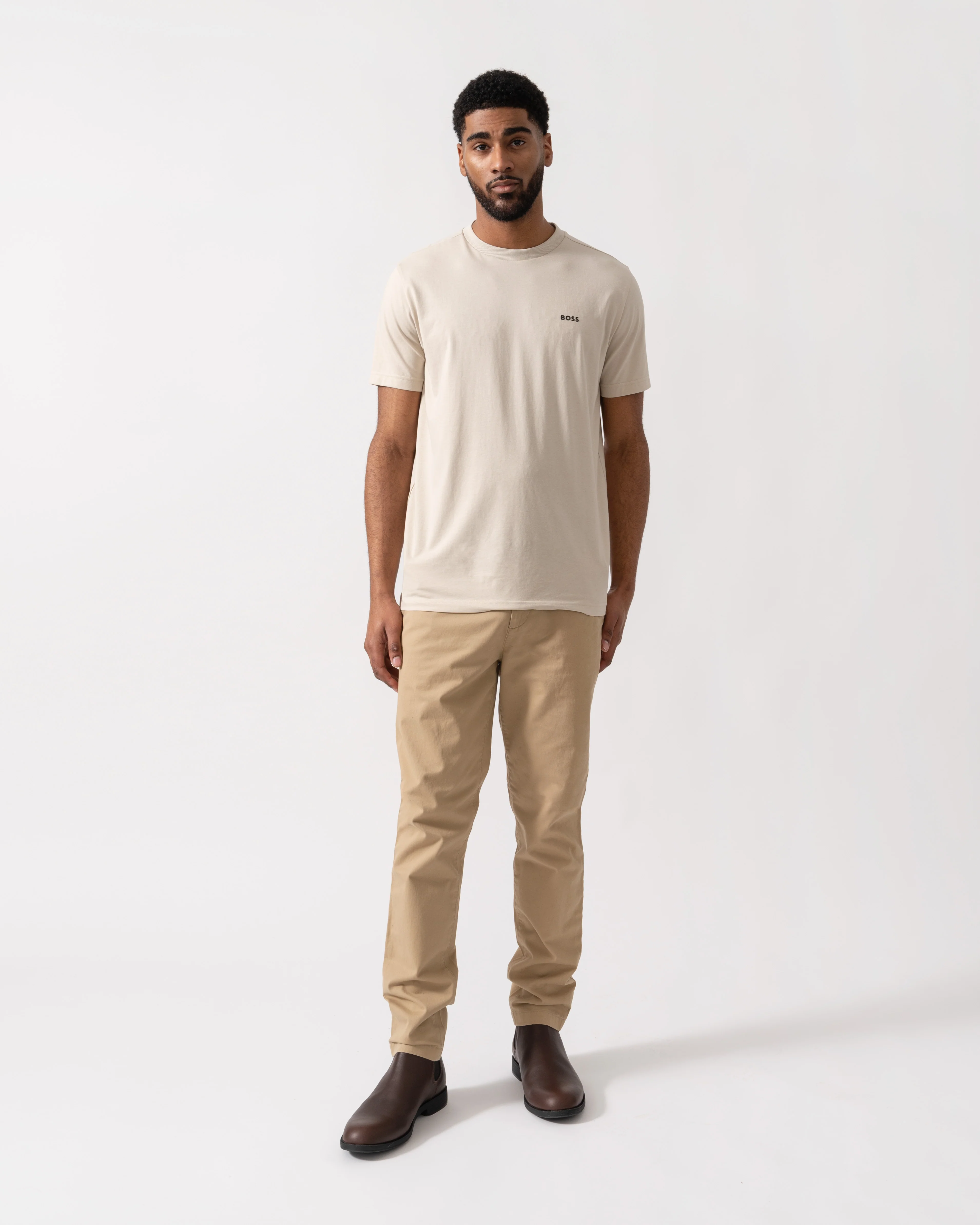 BOSS Green Mens Tee Stretch Cotton T-Shirt with Contrast Logo - Light Beige 275 - Image 3