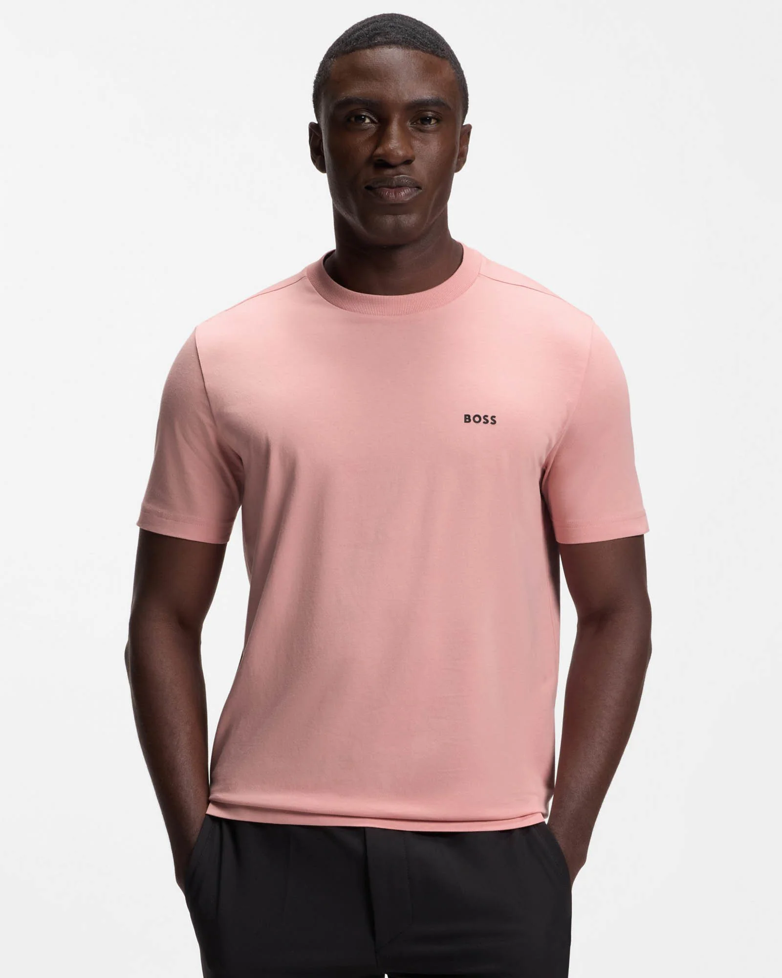 BOSS Green Tee Mens Stretch Cotton T-Shirt with Contrast Logo - Light/Pastel Pink 686