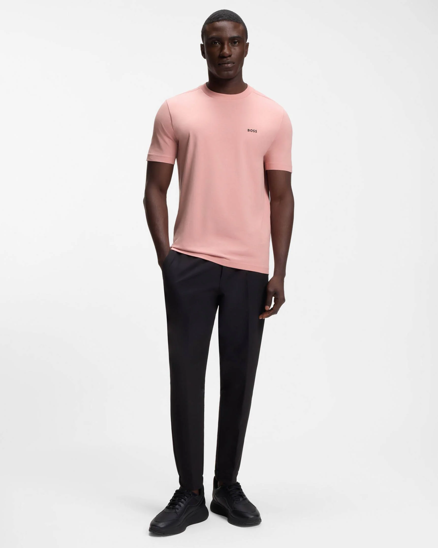 BOSS Green Tee Mens Stretch Cotton T-Shirt with Contrast Logo - Light/Pastel Pink 686 - Image 3