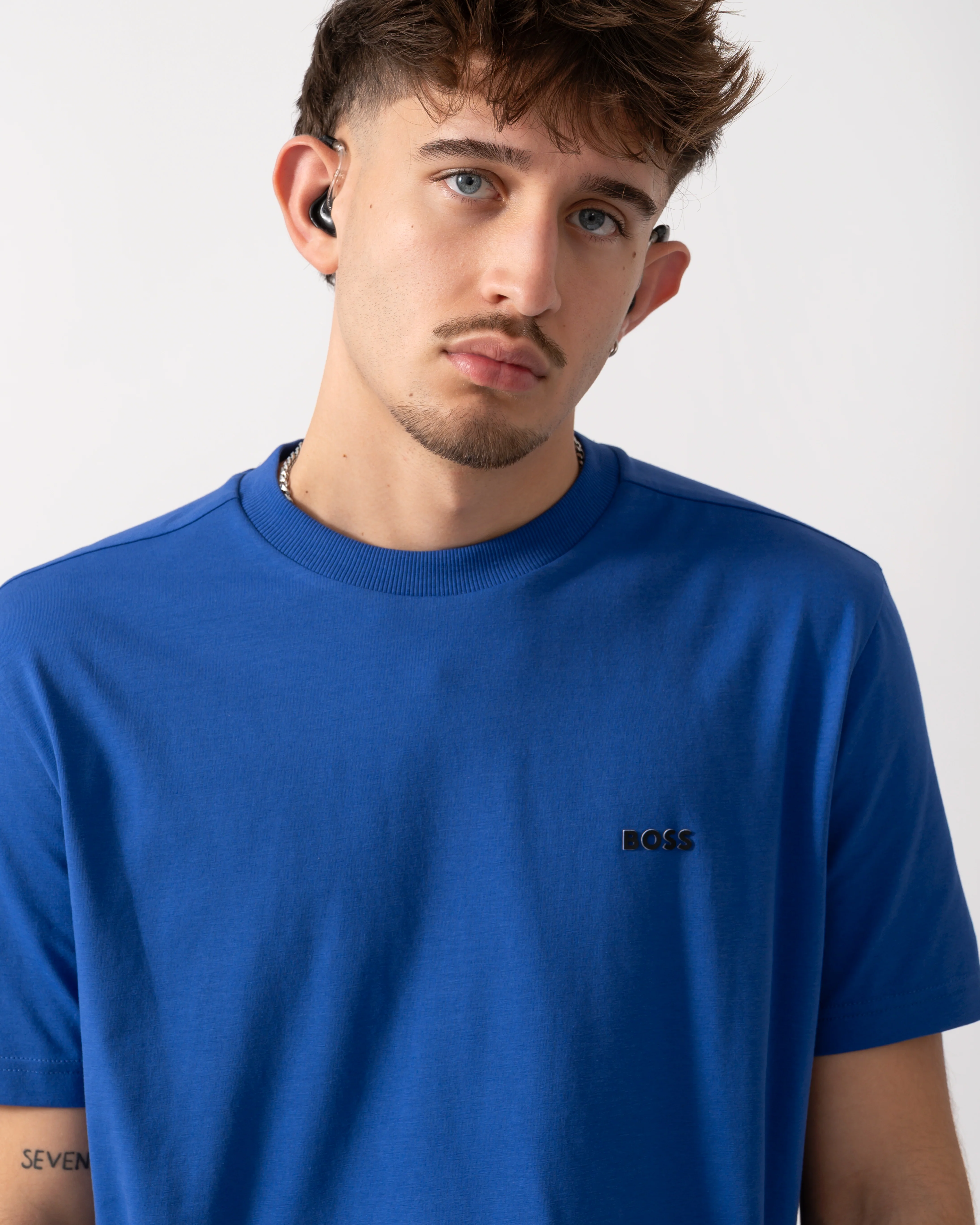 BOSS Green Tee Mens Stretch Cotton T-Shirt with Contrast Logo - Medium Blue 422 - Image 3