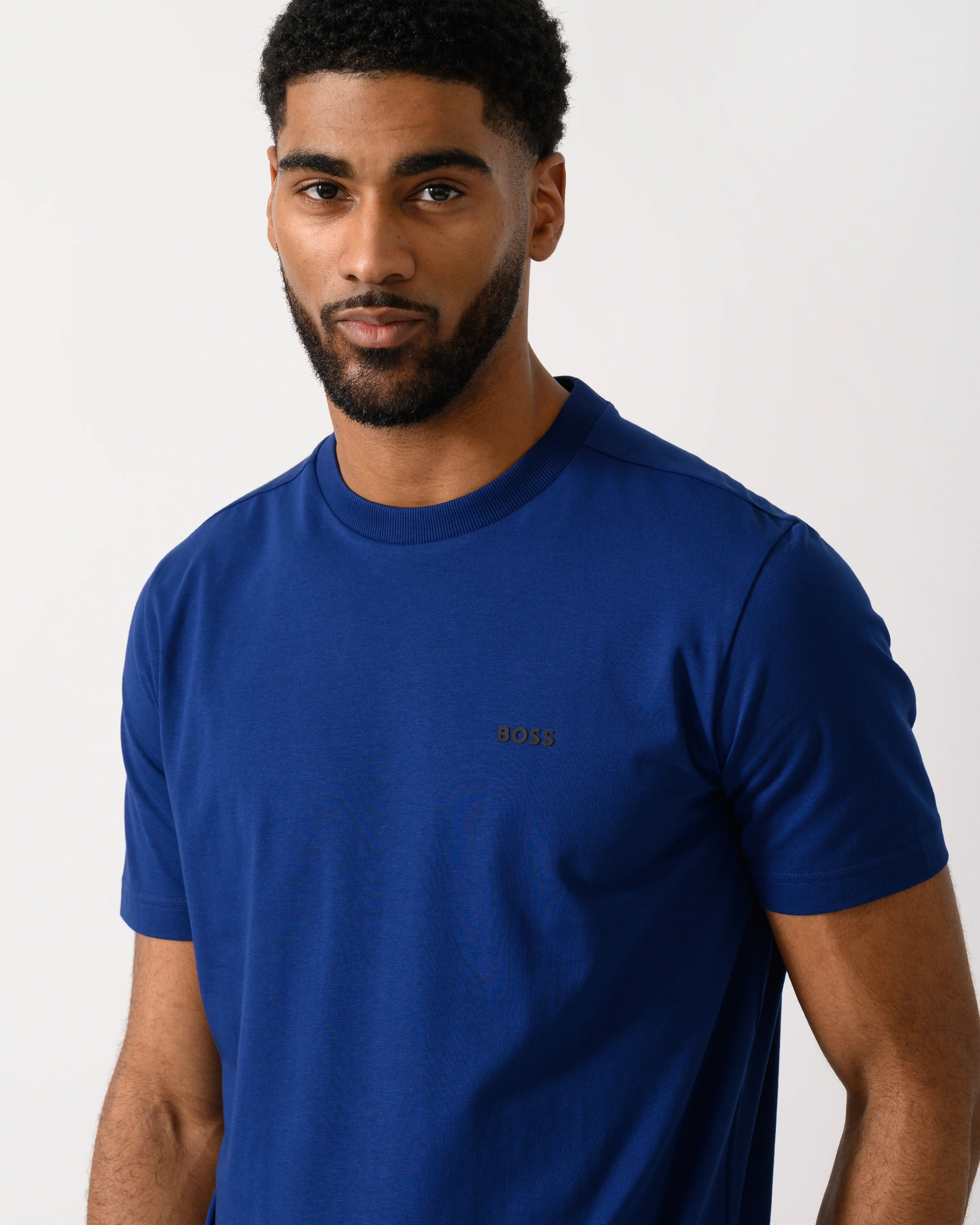 BOSS Green Tee Mens Stretch Cotton T-Shirt with Contrast Logo - Navy 419 - Image 2