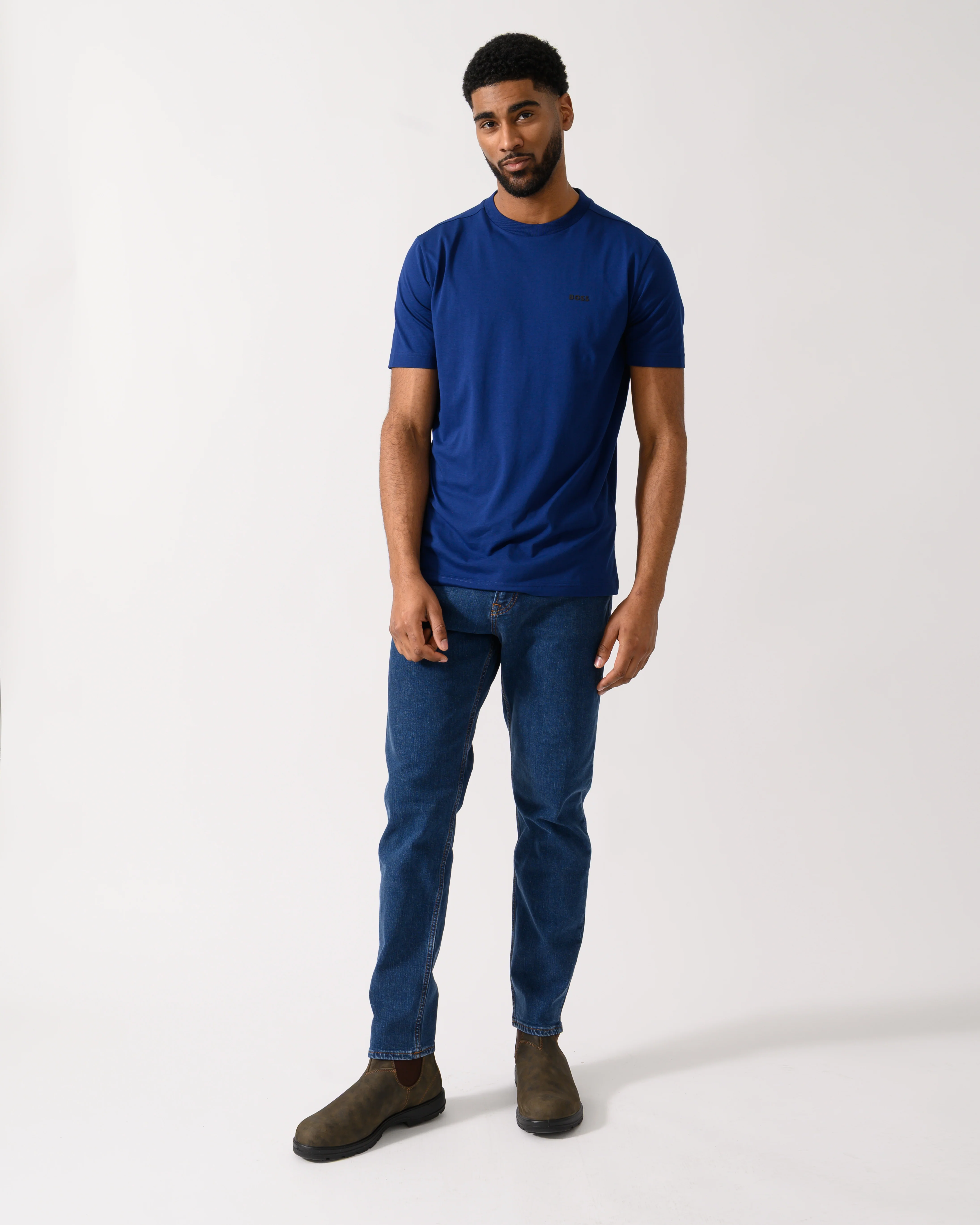 BOSS Green Tee Mens Stretch Cotton T-Shirt with Contrast Logo - Navy 419 - Image 3