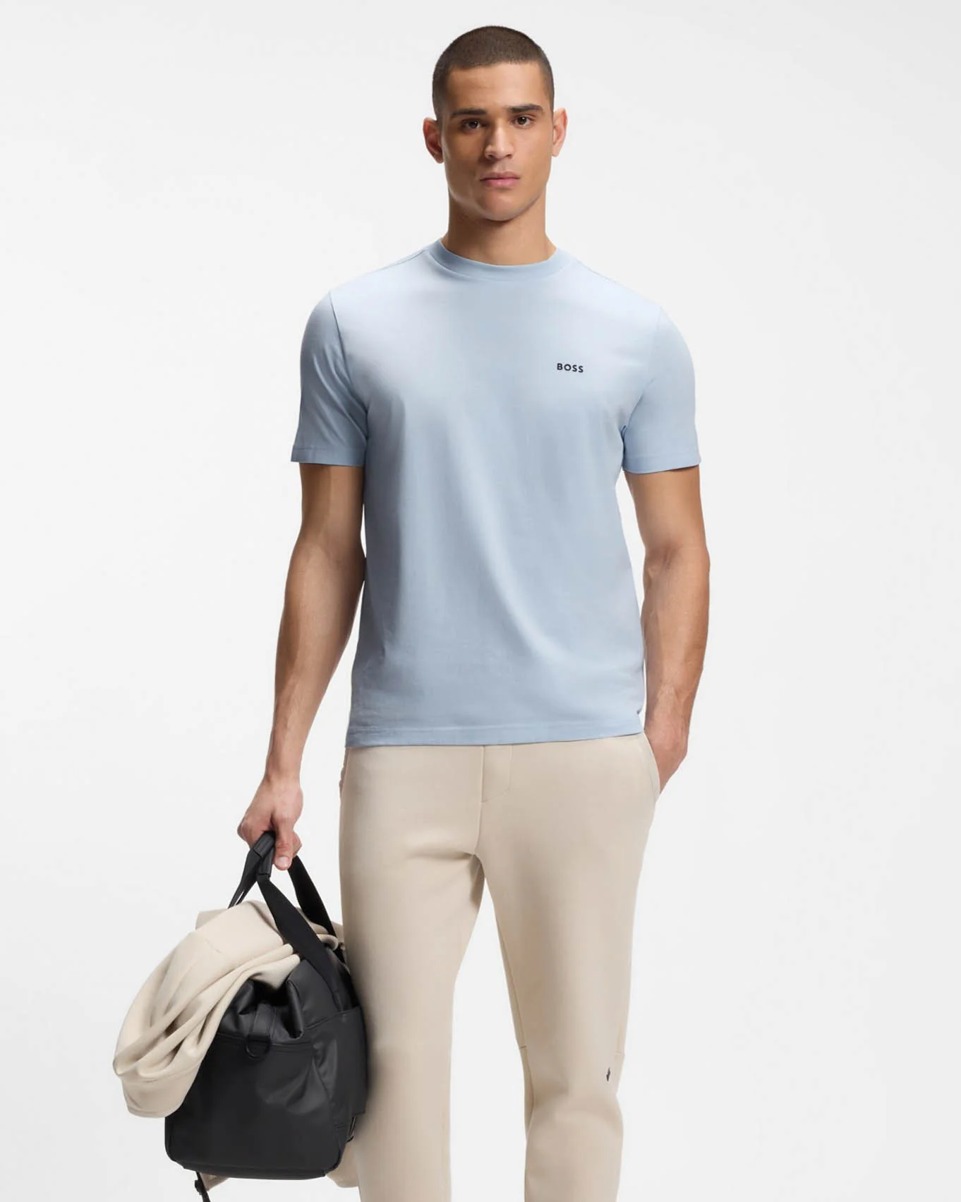 BOSS Green Tee Mens Stretch Cotton T-Shirt with Contrast Logo - Open Blue 460 - Image 3