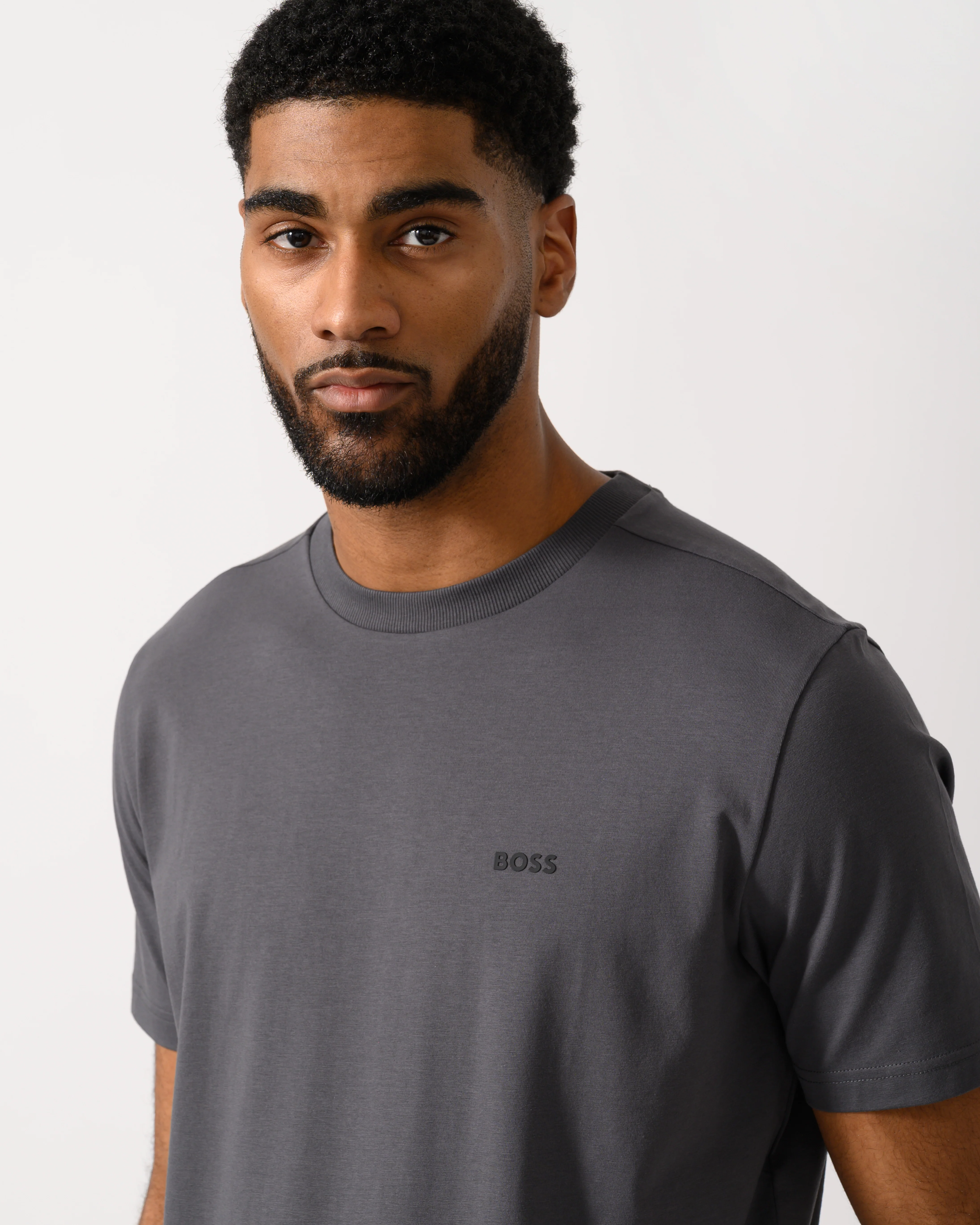BOSS Green Tee Mens Stretch Cotton T-Shirt with Contrast Logo - Open Grey 071 - Image 2