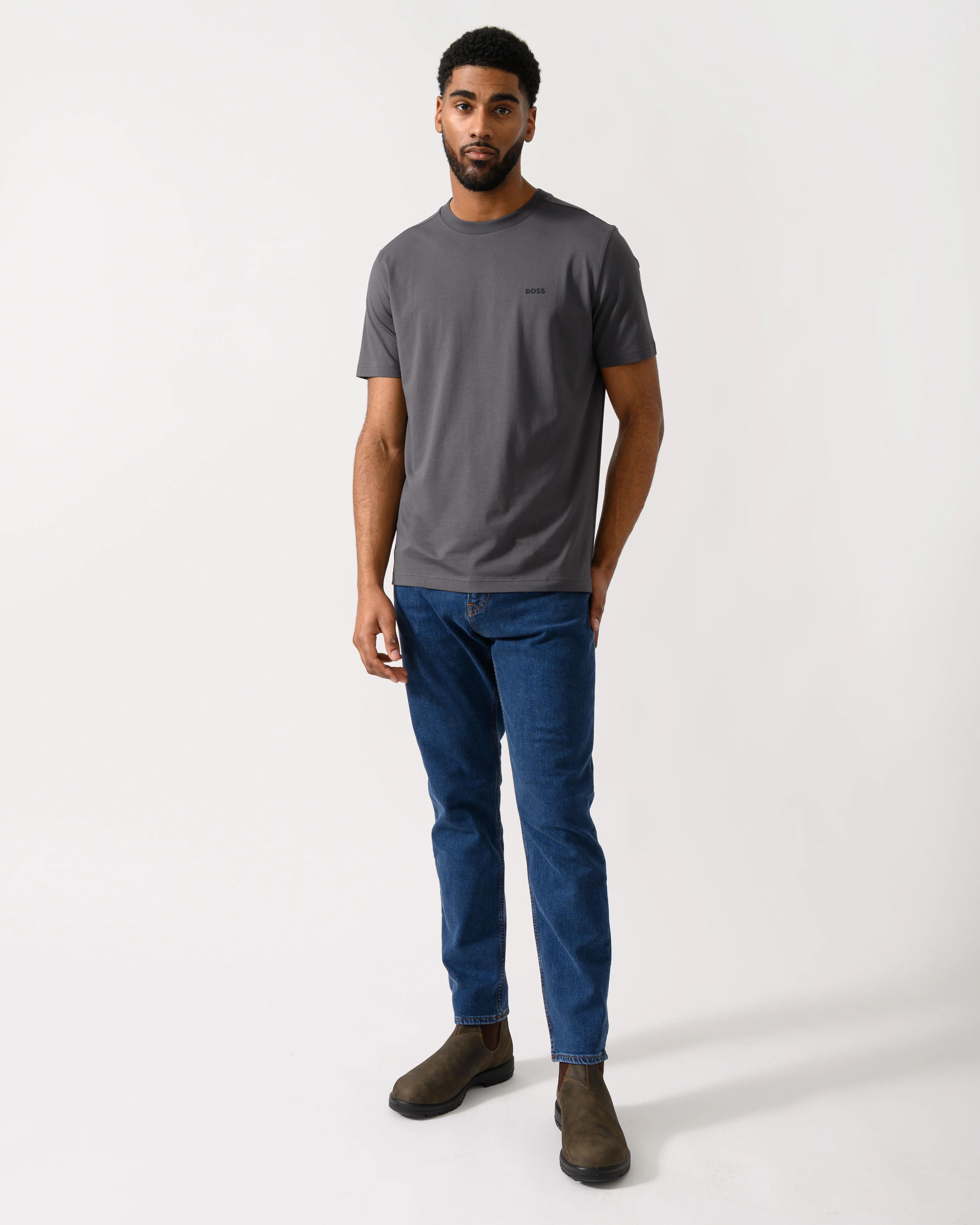 BOSS Green Tee Mens Stretch Cotton T-Shirt with Contrast Logo - Open Grey 071 - Image 3