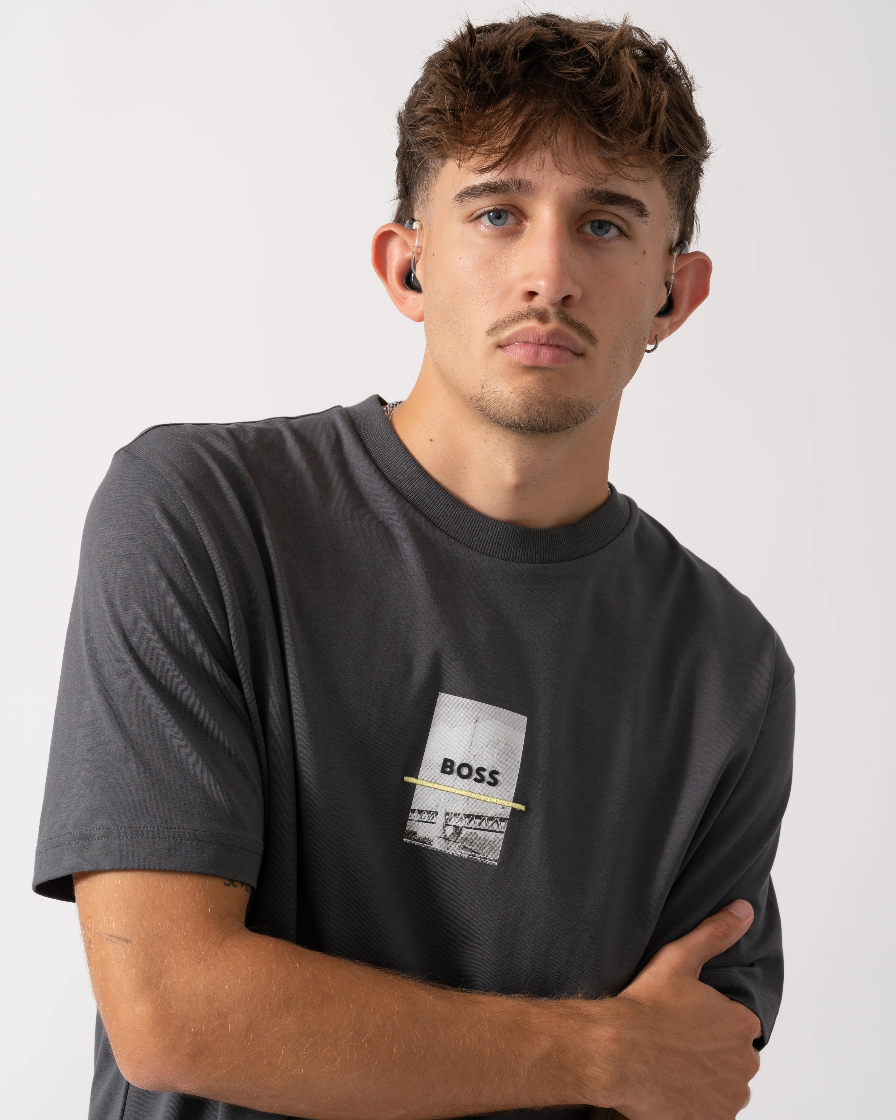 BOSS Green Tee Photoprint Mens T-Shirt - Dark Grey 027 - Image 3