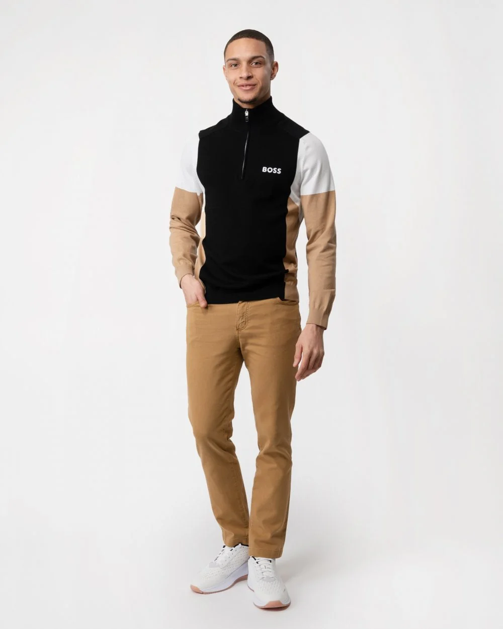 BOSS Green Zelchior-X Mens Cotton Blend Zip-Neck Sweater with Embroidered Logos - Image 3