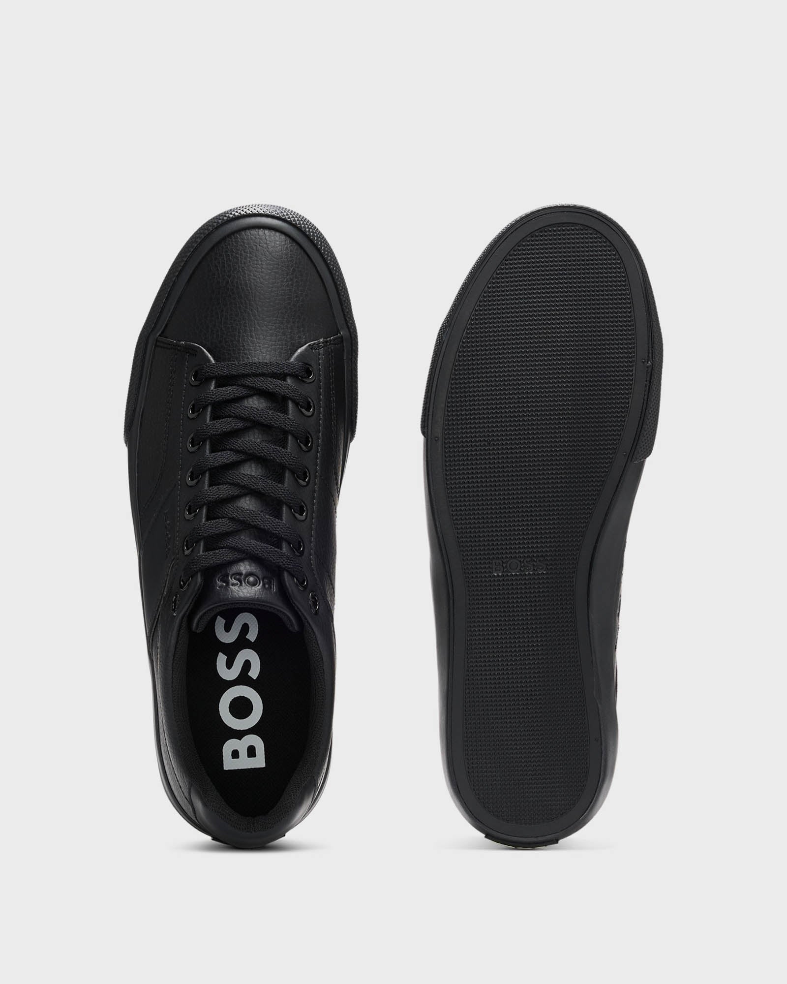 BOSS Orange Aiden Tenn Mens Faux-Leather Trainers with Plain and Grained Textures - Black 005 - Image 3