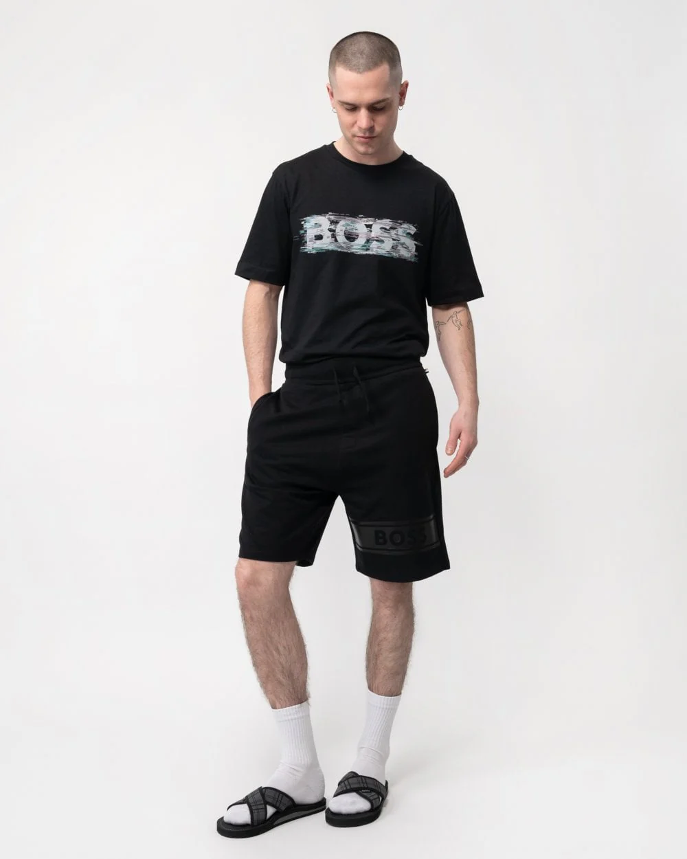 BOSS Orange Authentic Mens Cotton-Terry Drawstring Lounge Shorts With Logo Print - Image 4