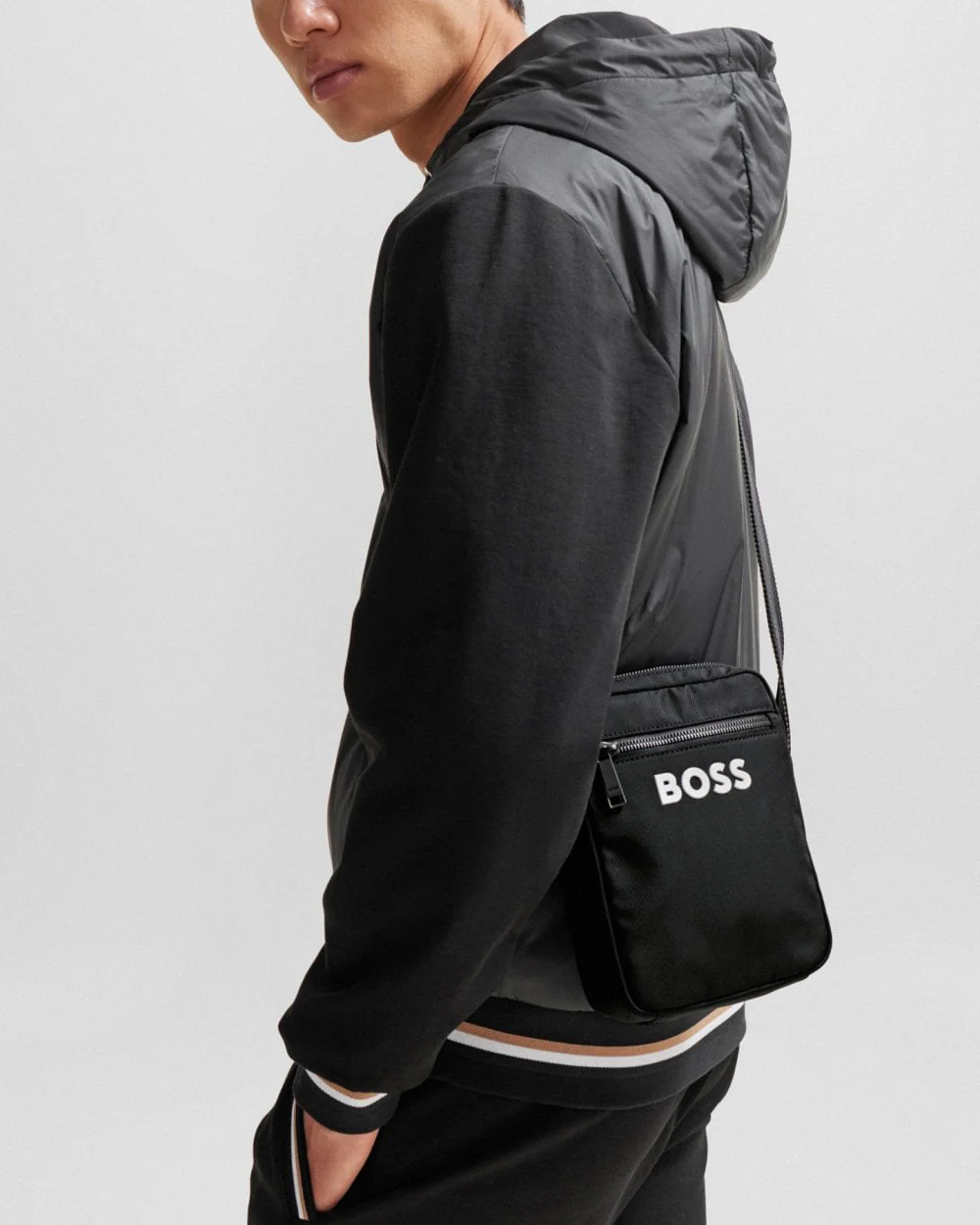 BOSS Orange Catch 3.0 Mens Crossbody Bag with Signature-Stripe Strap - Black 001 - Image 5