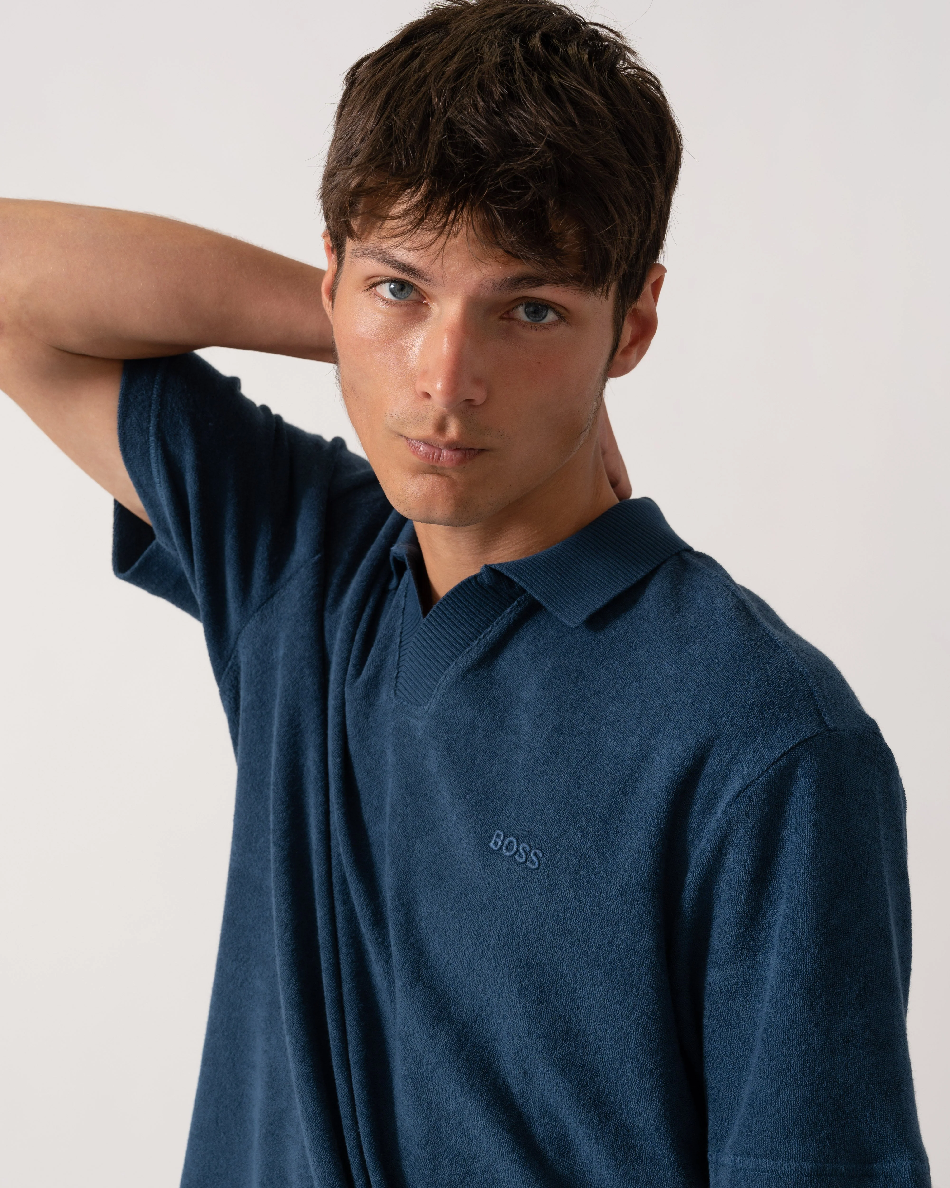 BOSS Orange Doubletowel Mens Polo Shirt - Open Blue 466 - Image 2